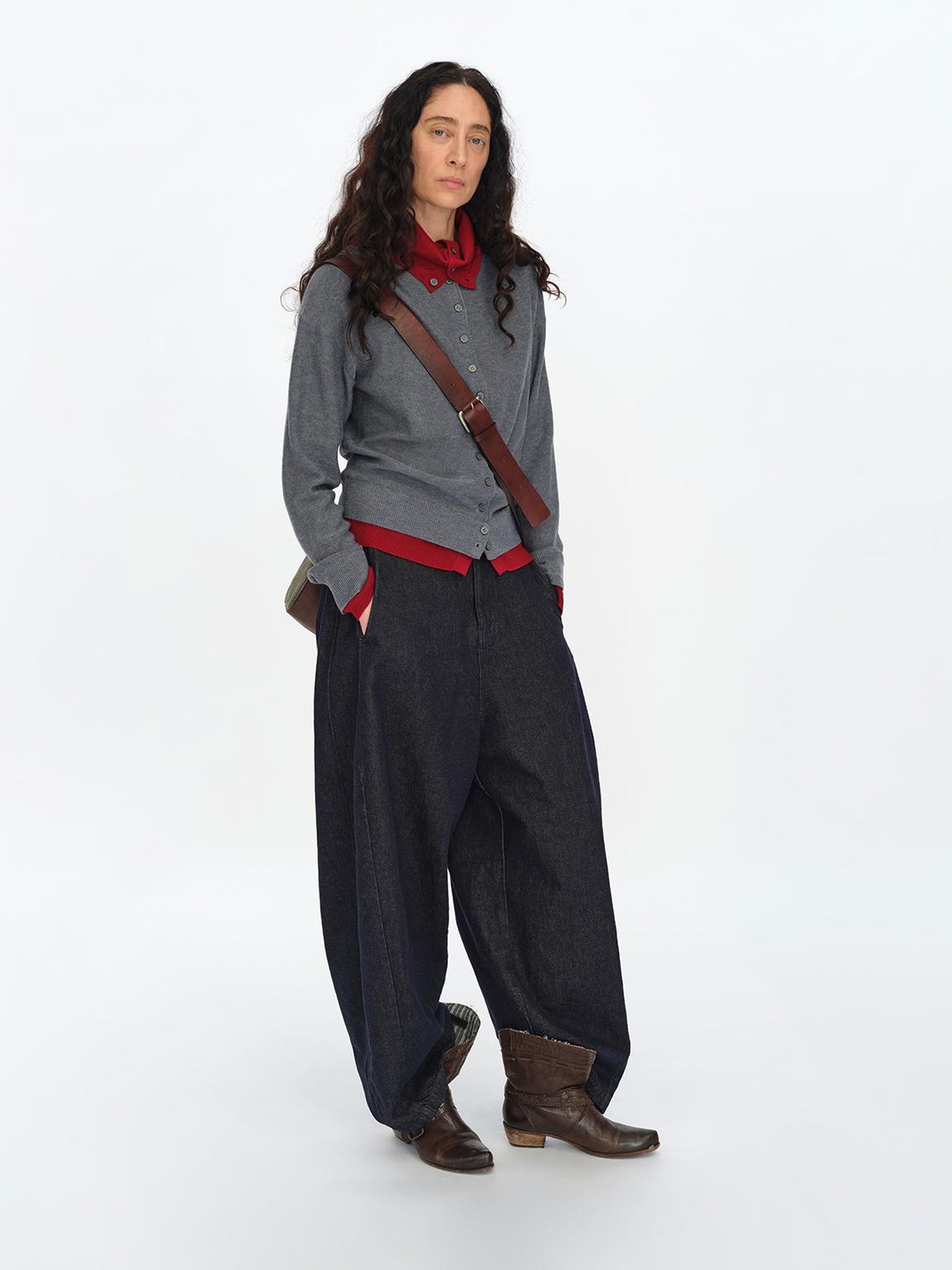 oinimi Gray Red Layered Collar Knit Cardigan
