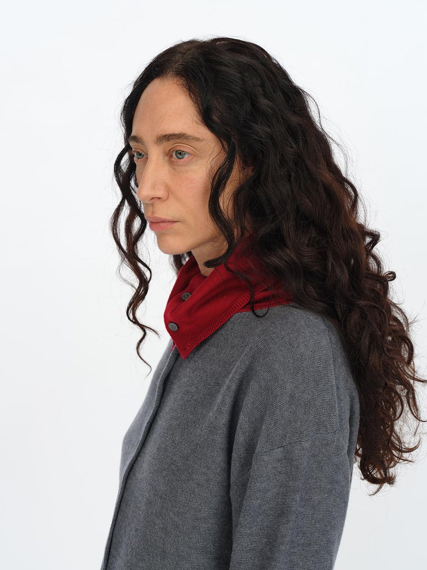 oinimi Gray Red Layered Collar Knit Cardigan