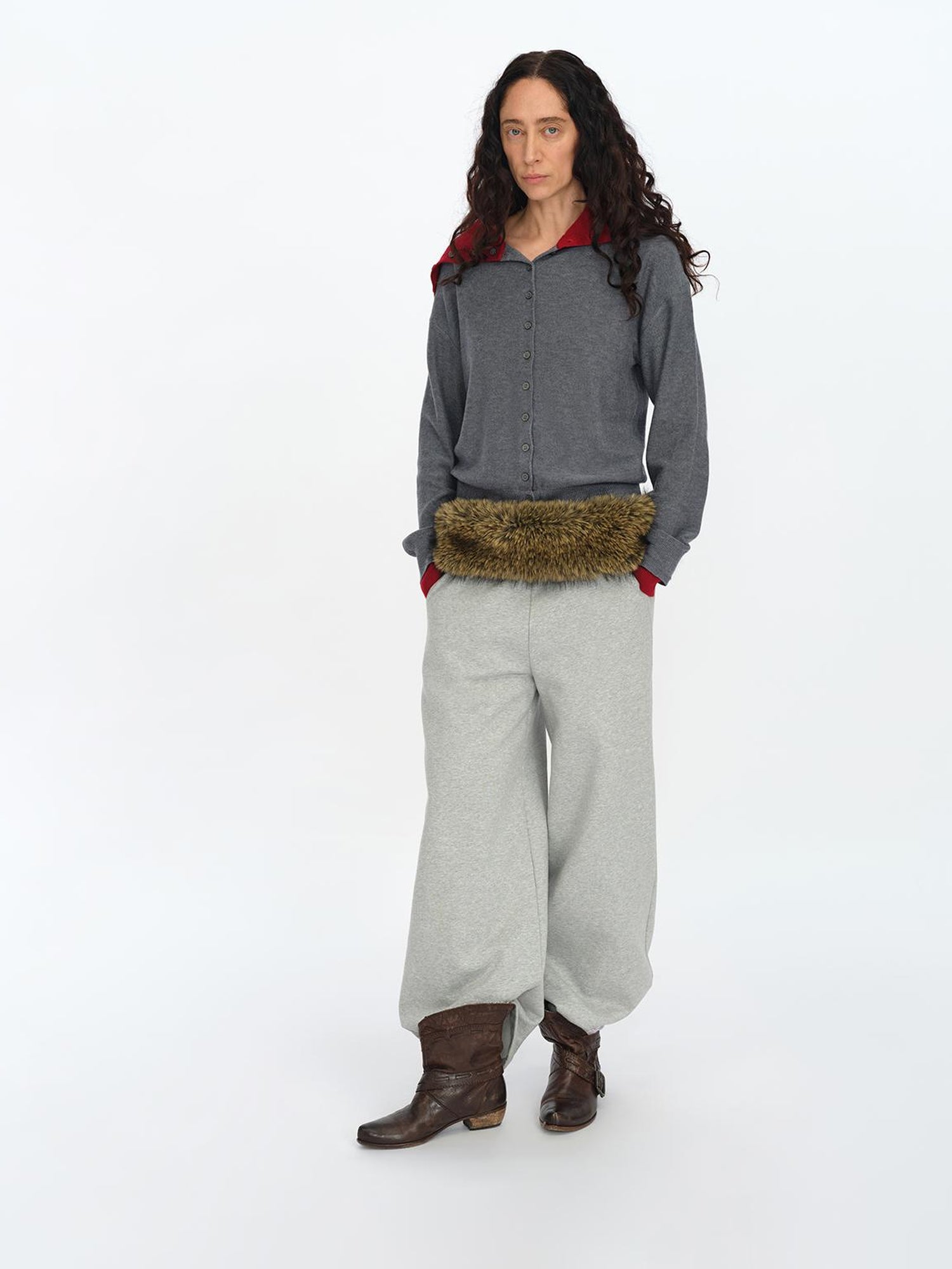 oinimi Gray Red Layered Collar Knit Cardigan