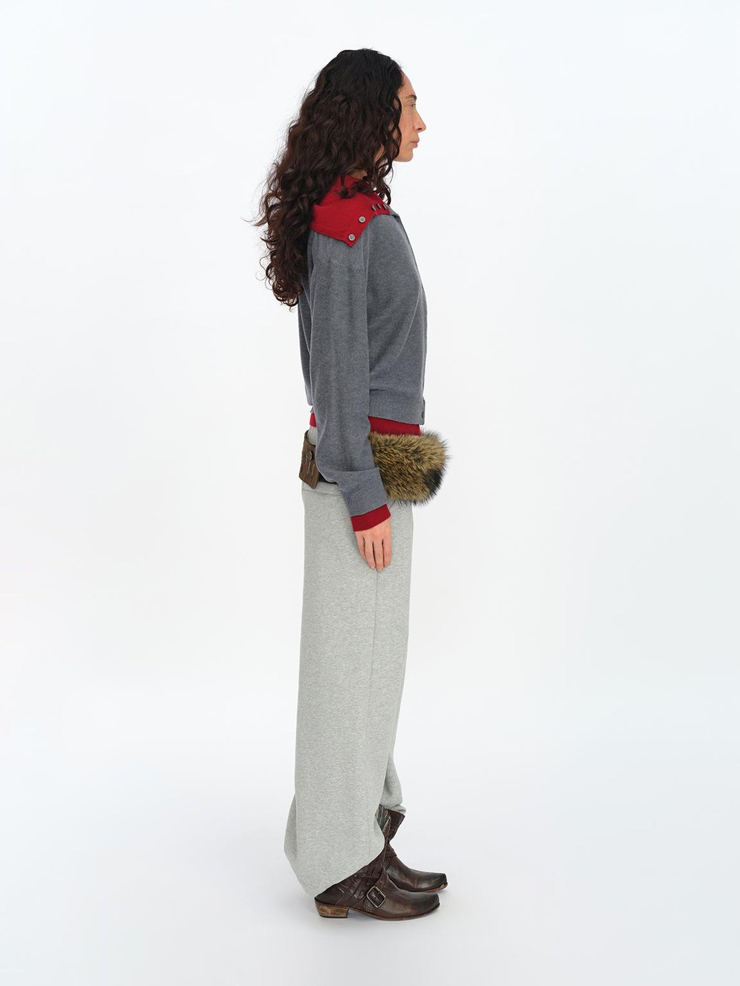 oinimi Gray Red Layered Collar Knit Cardigan