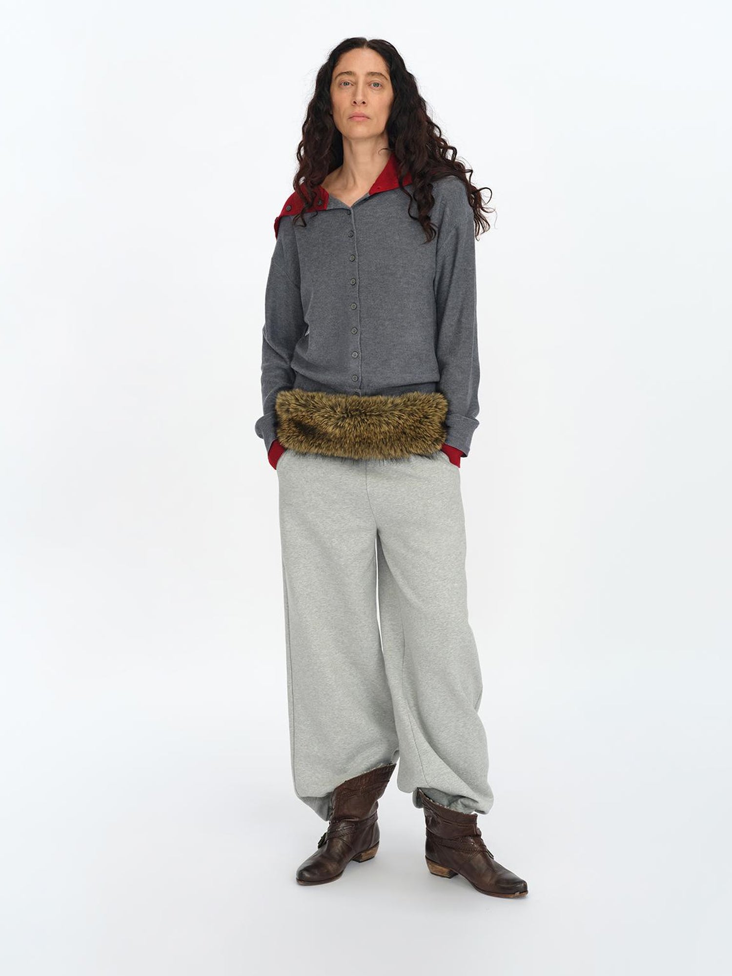 oinimi Gray Red Layered Collar Knit Cardigan