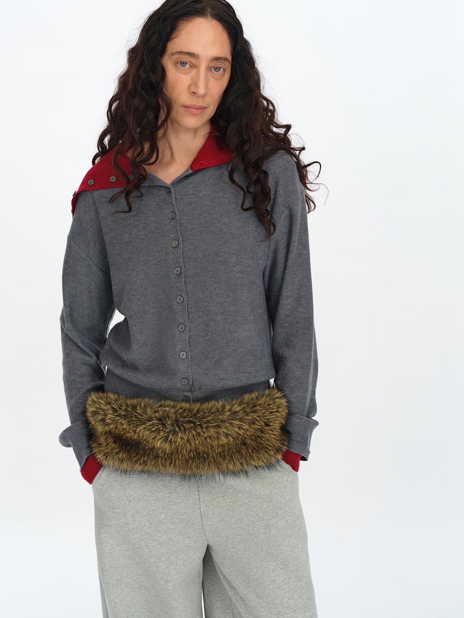 oinimi Gray Red Layered Collar Knit Cardigan