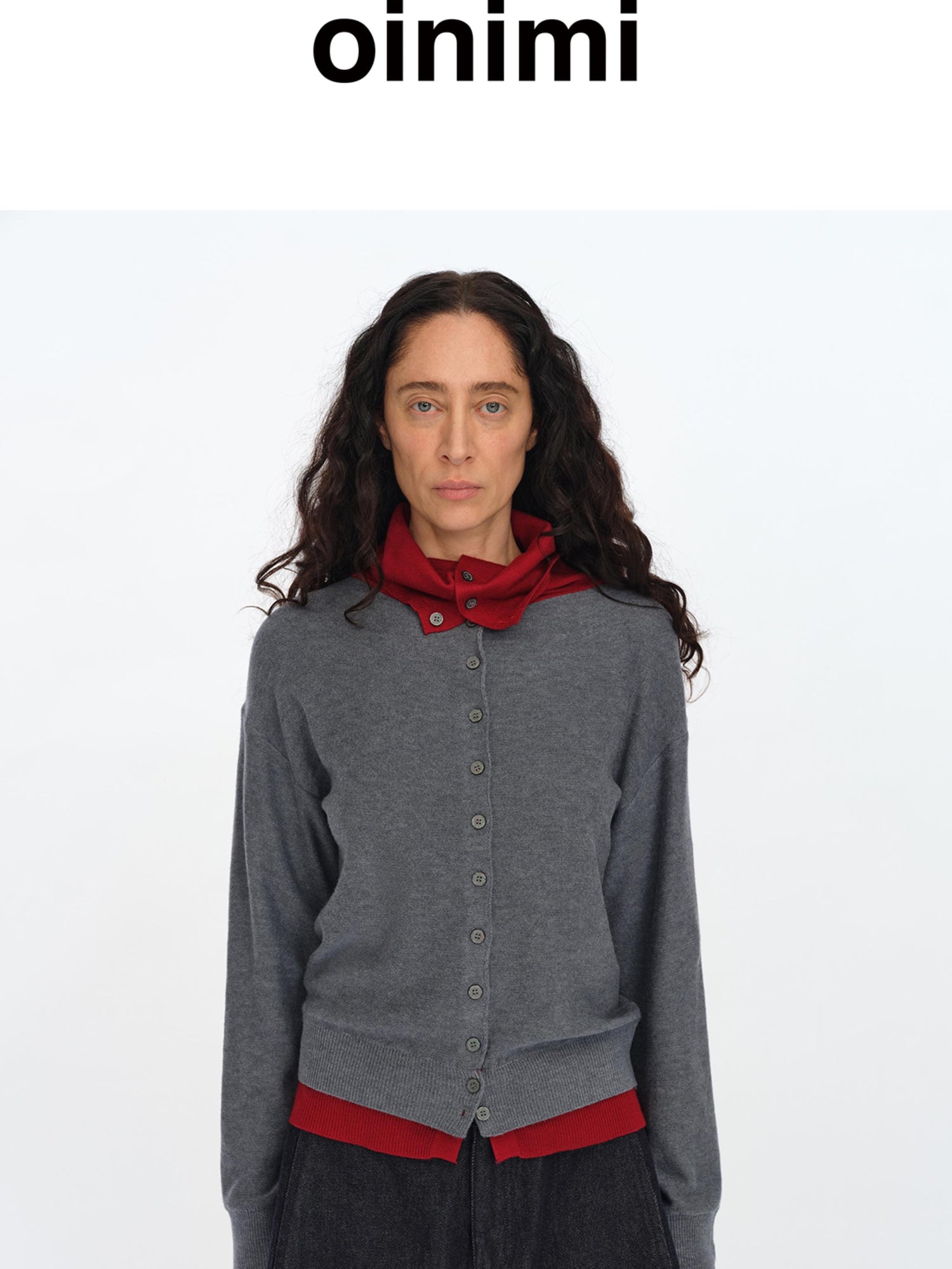 oinimi Gray Red Layered Collar Knit Cardigan