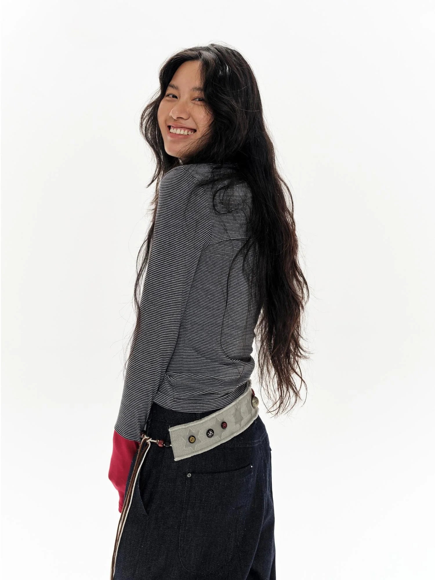 Gray Stripe Crewneck Tee With Tiger Embroidery