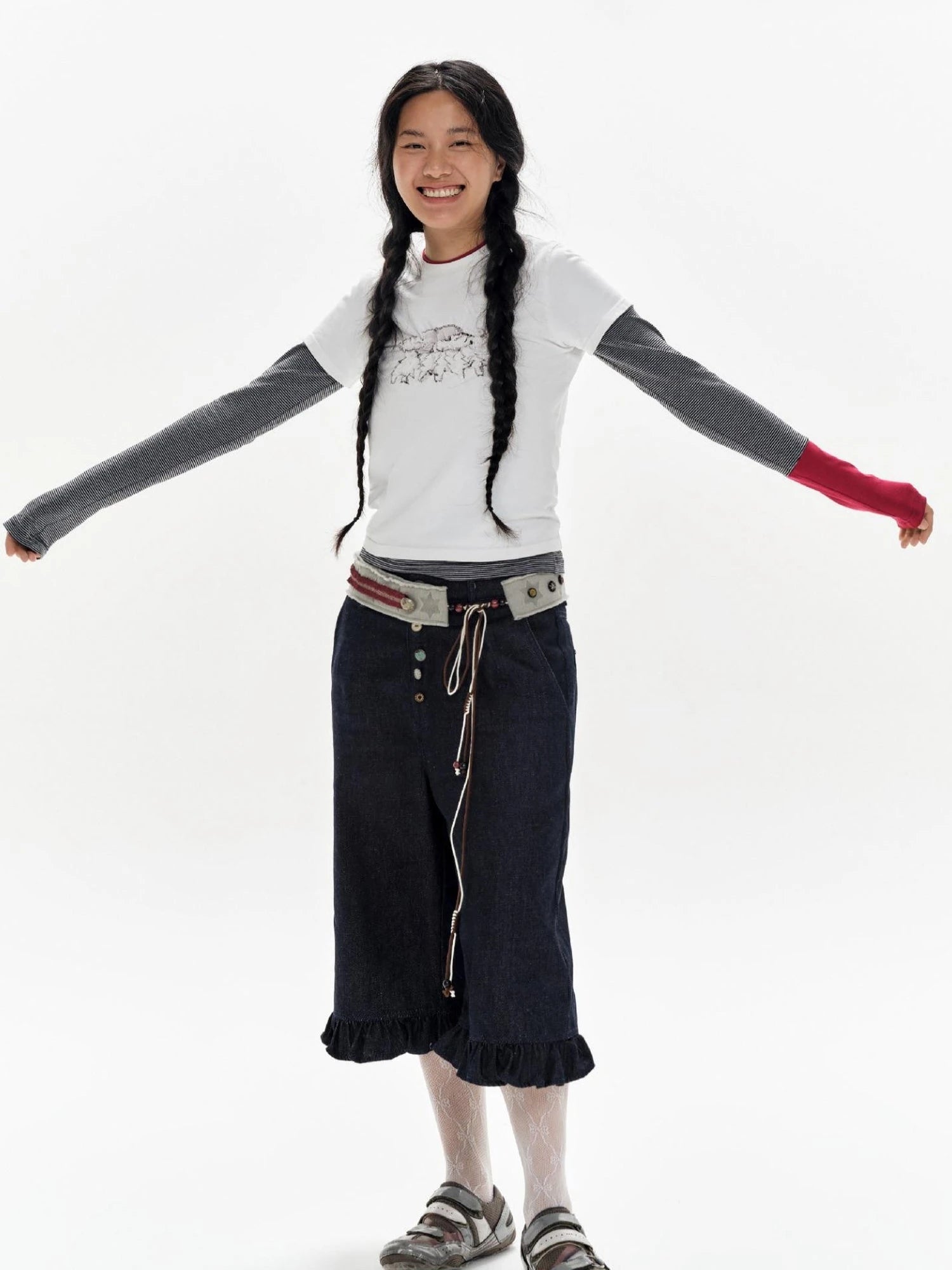 Gray Stripe Crewneck Tee With Tiger Embroidery