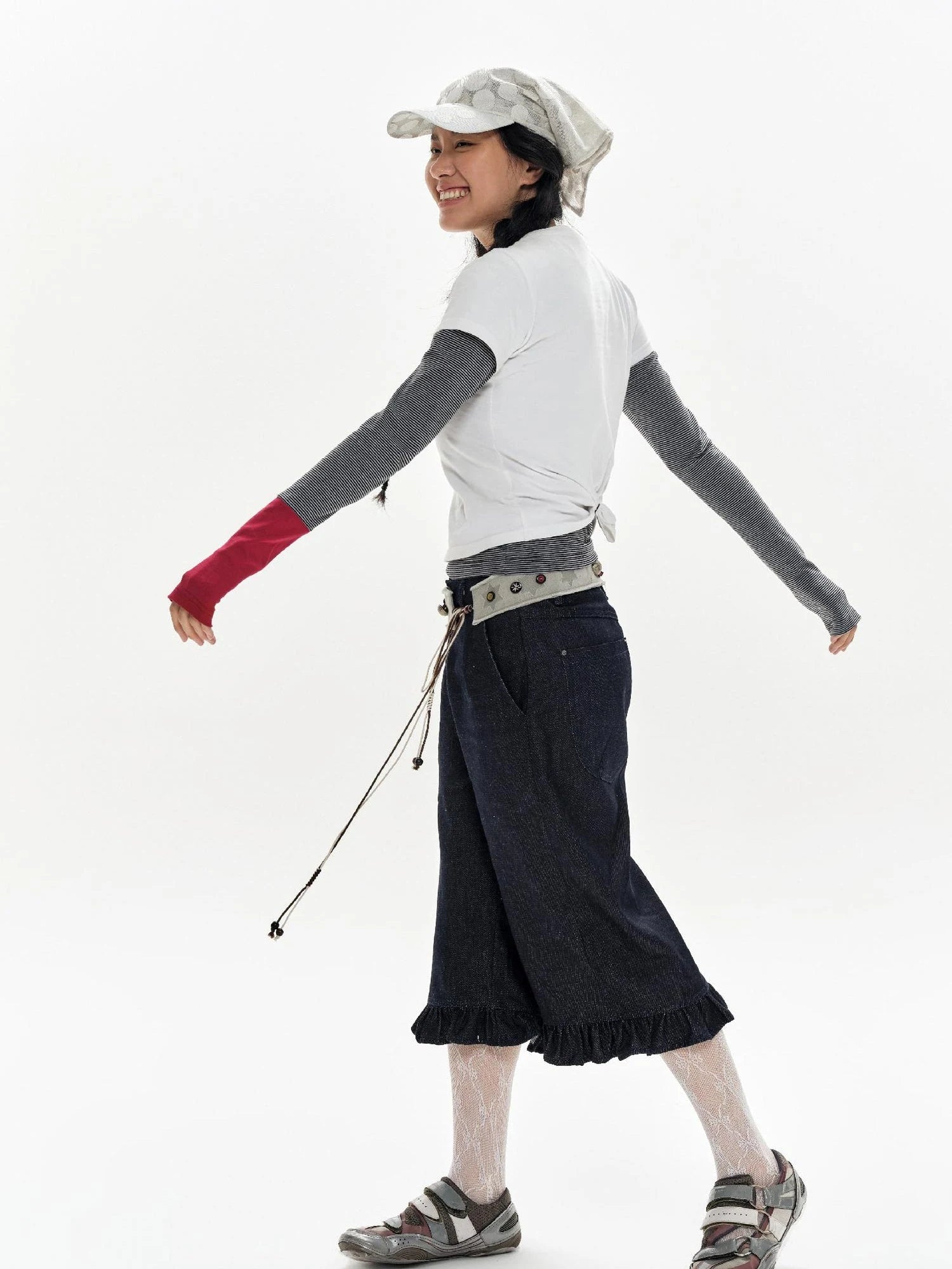 Gray Stripe Crewneck Tee With Tiger Embroidery