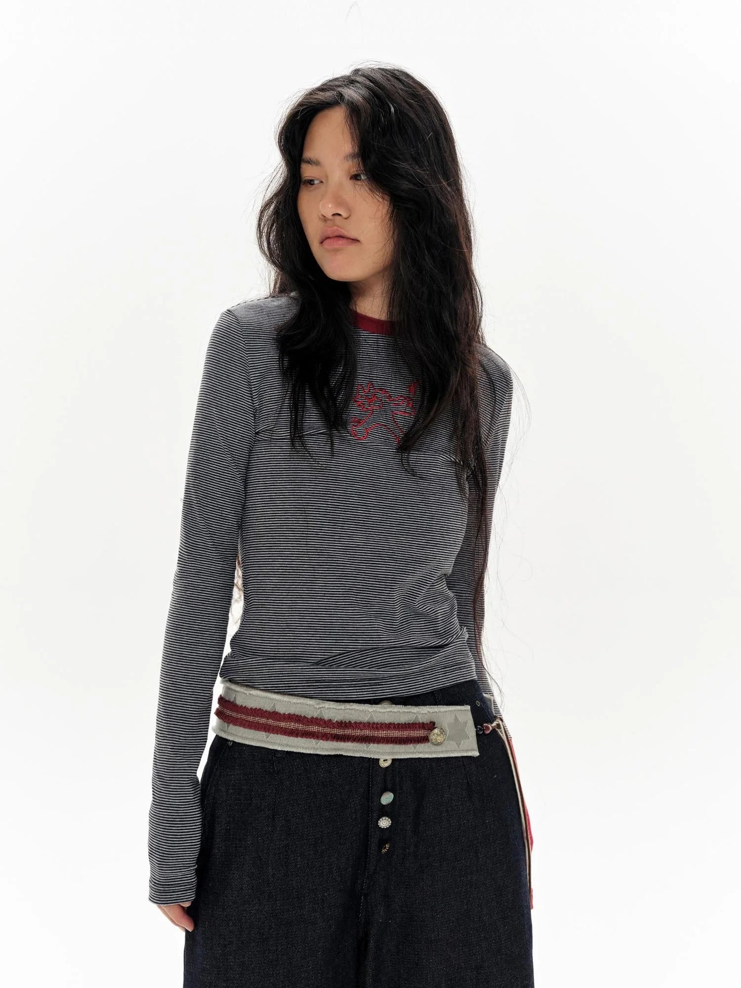 Gray Stripe Crewneck Tee With Tiger Embroidery
