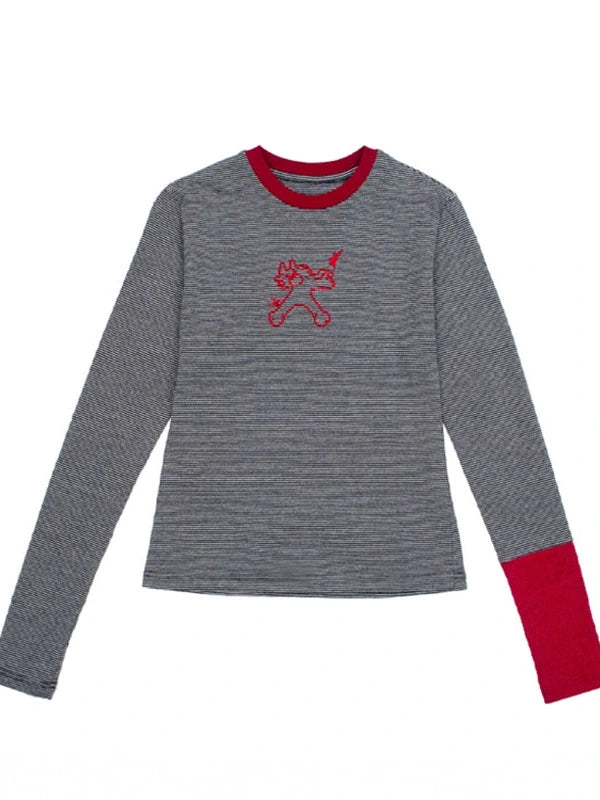 Gray Stripe Crewneck Tee With Tiger Embroidery