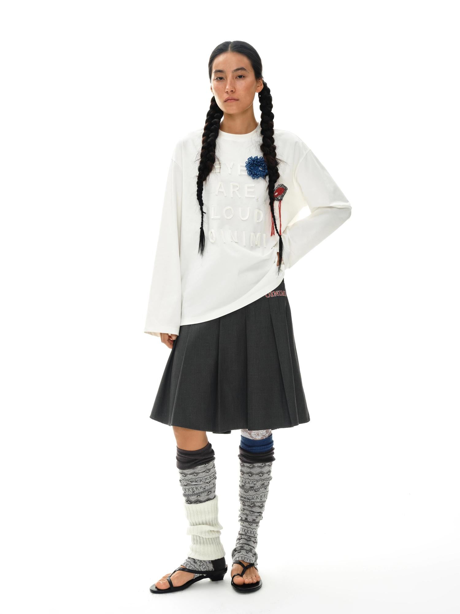 oinimi Grey Pleated Skirt With Double Layer Waistband