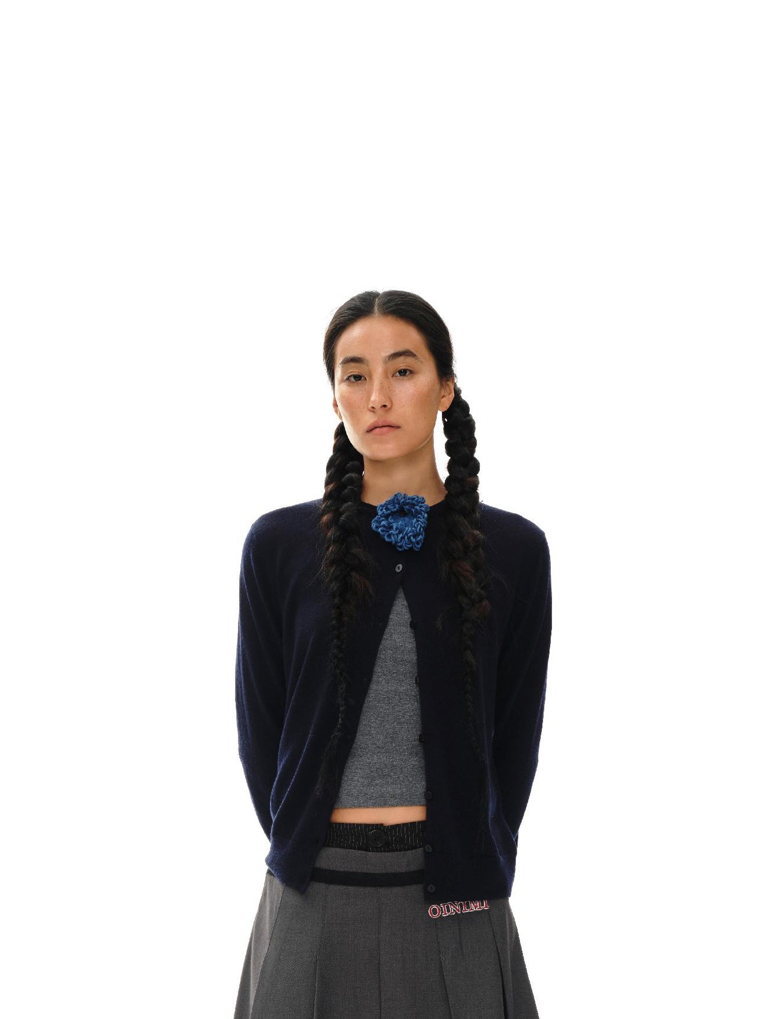 oinimi Grey Pleated Skirt With Double Layer Waistband
