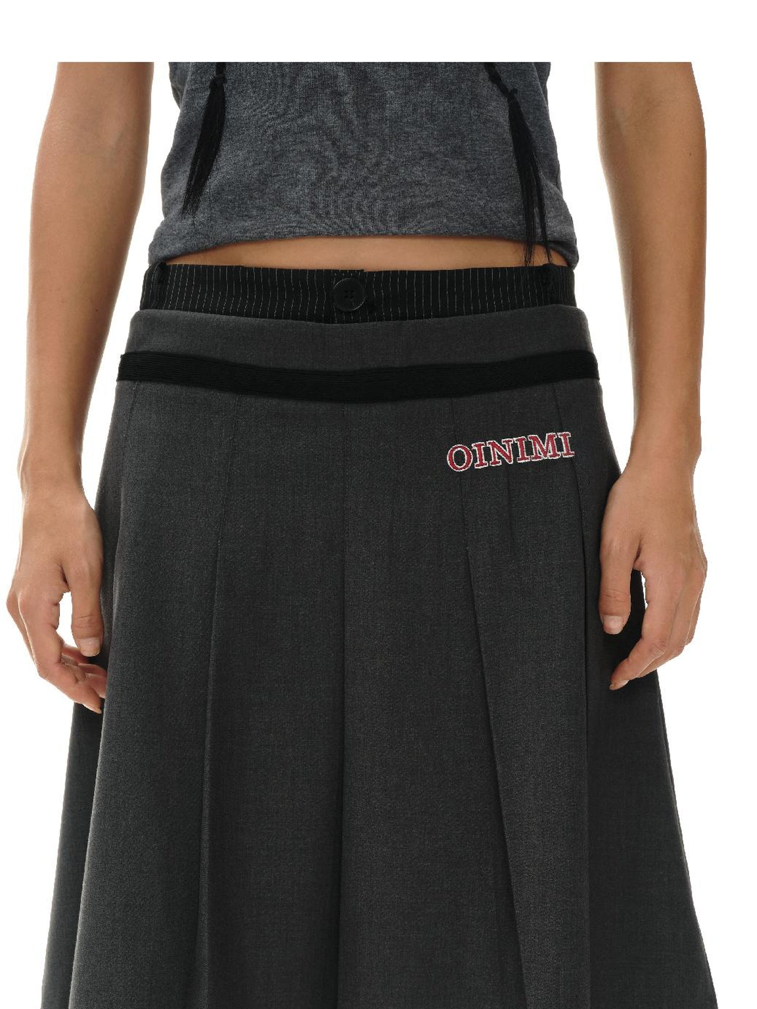 oinimi Grey Pleated Skirt With Double Layer Waistband