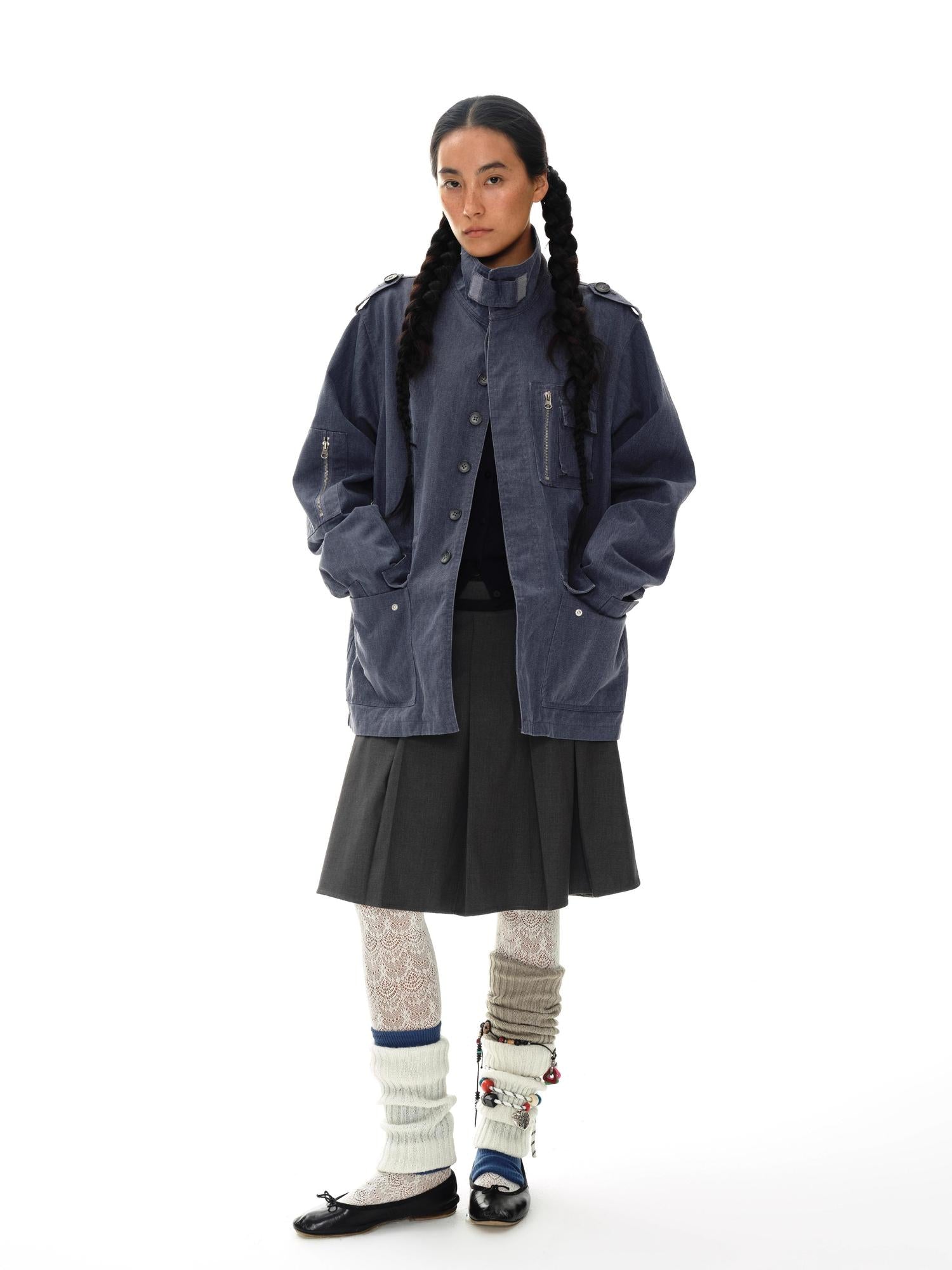 oinimi Grey Pleated Skirt With Double Layer Waistband