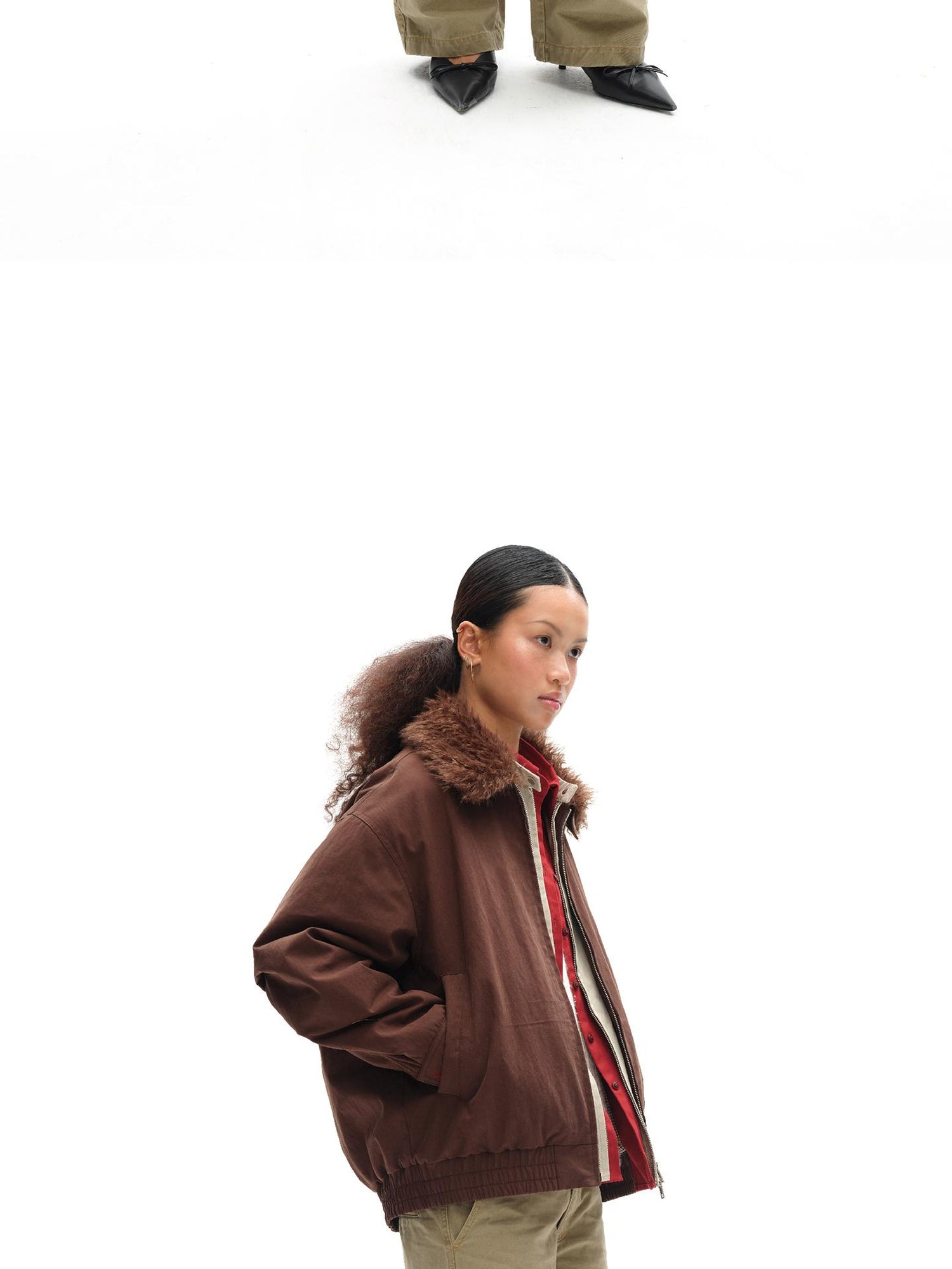 oinimi Harrington Jacket With Detachable Fur Collar And Multi Placket