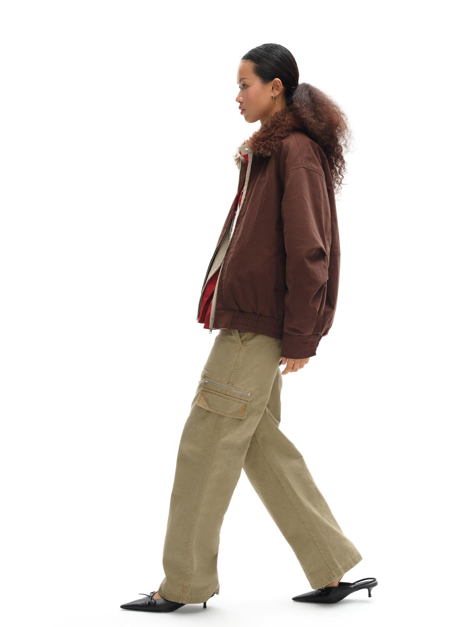 oinimi Harrington Jacket With Detachable Fur Collar And Multi Placket