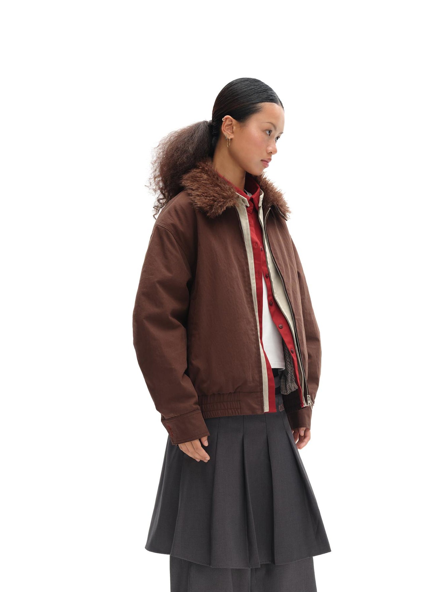 oinimi Harrington Jacket With Detachable Fur Collar And Multi Placket