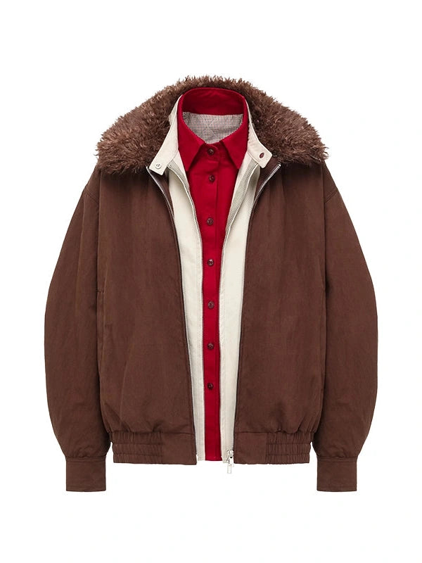 Harrington Jacket With Detachable Fur Collar And Multi Placket