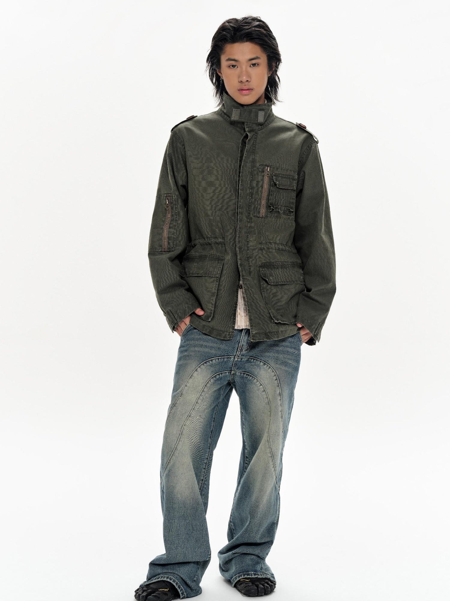 oinimi Heavy Washed Vintage Utility Jacket Parka Casual Outerwear