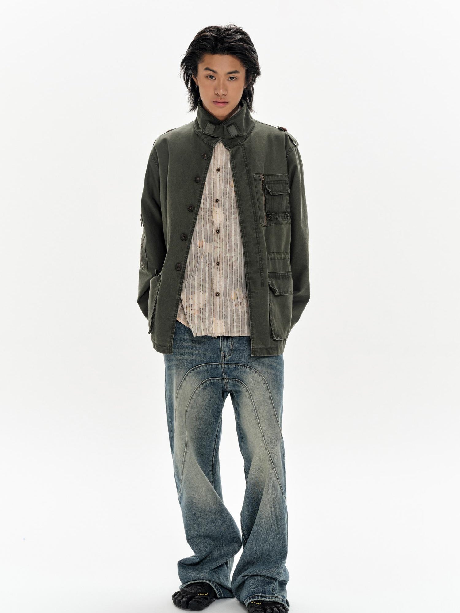 oinimi Heavy Washed Vintage Utility Jacket Parka Casual Outerwear