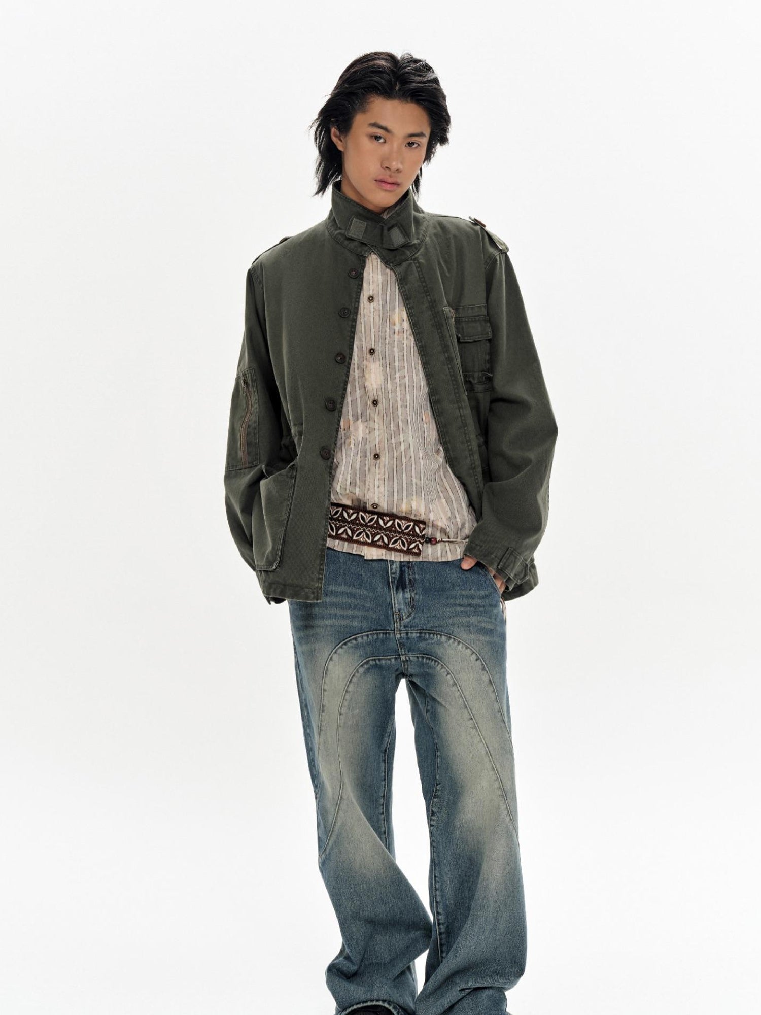 oinimi Heavy Washed Vintage Utility Jacket Parka Casual Outerwear