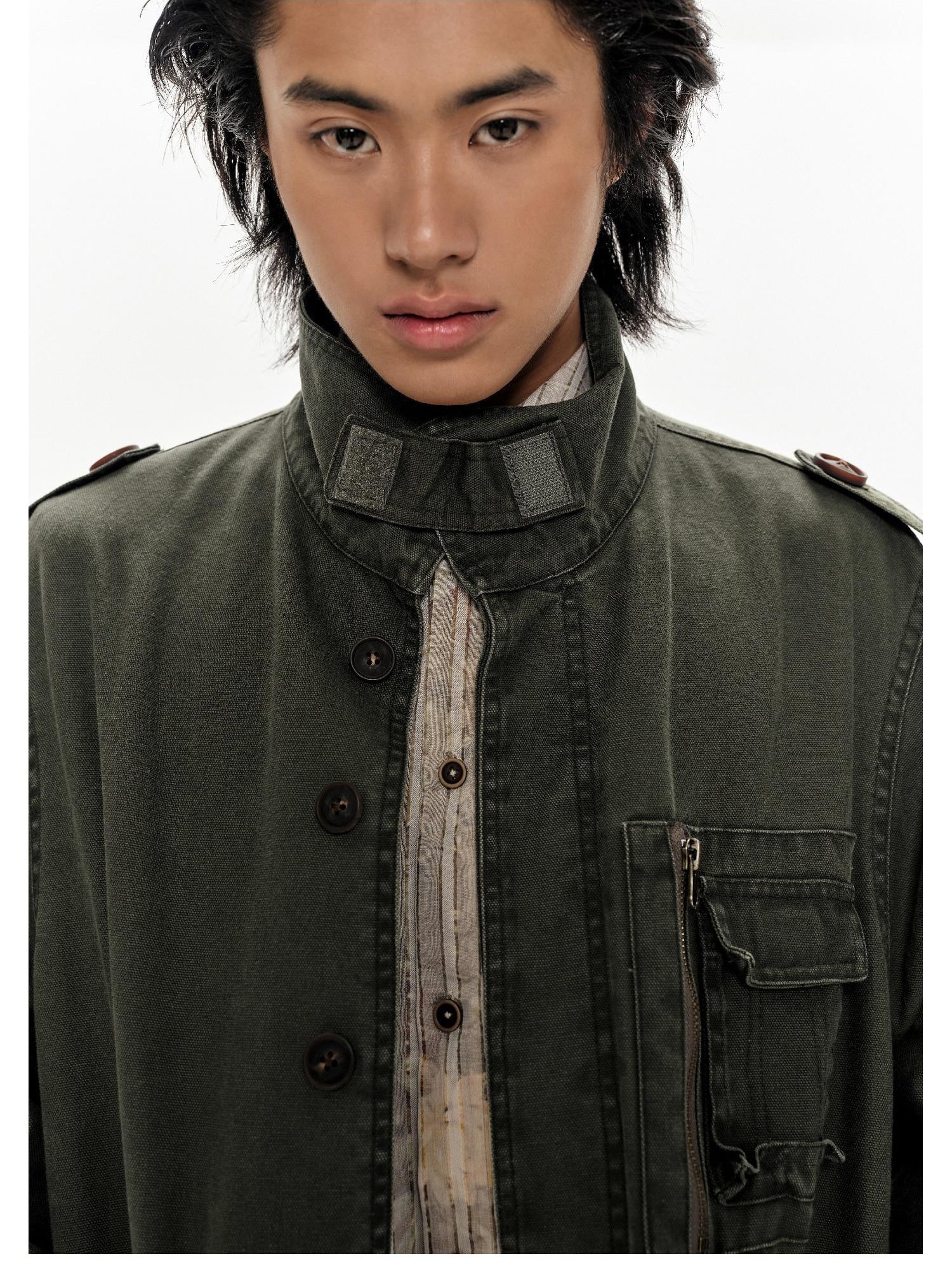 oinimi Heavy Washed Vintage Utility Jacket Parka Casual Outerwear