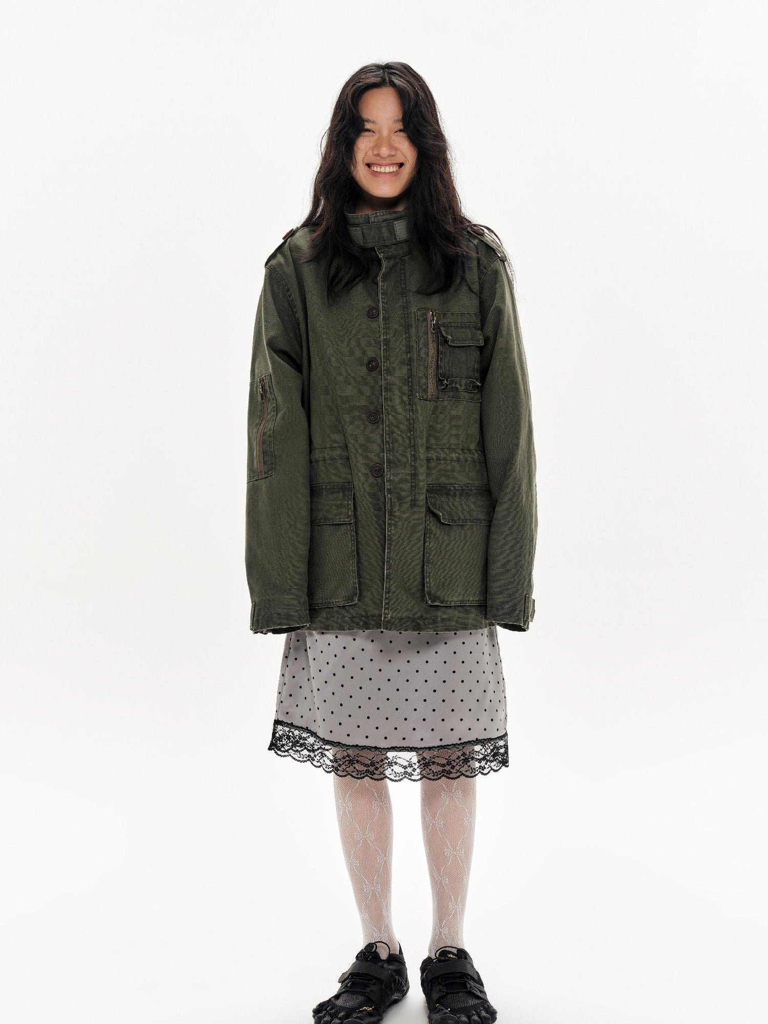 oinimi Heavy Washed Vintage Utility Jacket Parka Casual Outerwear