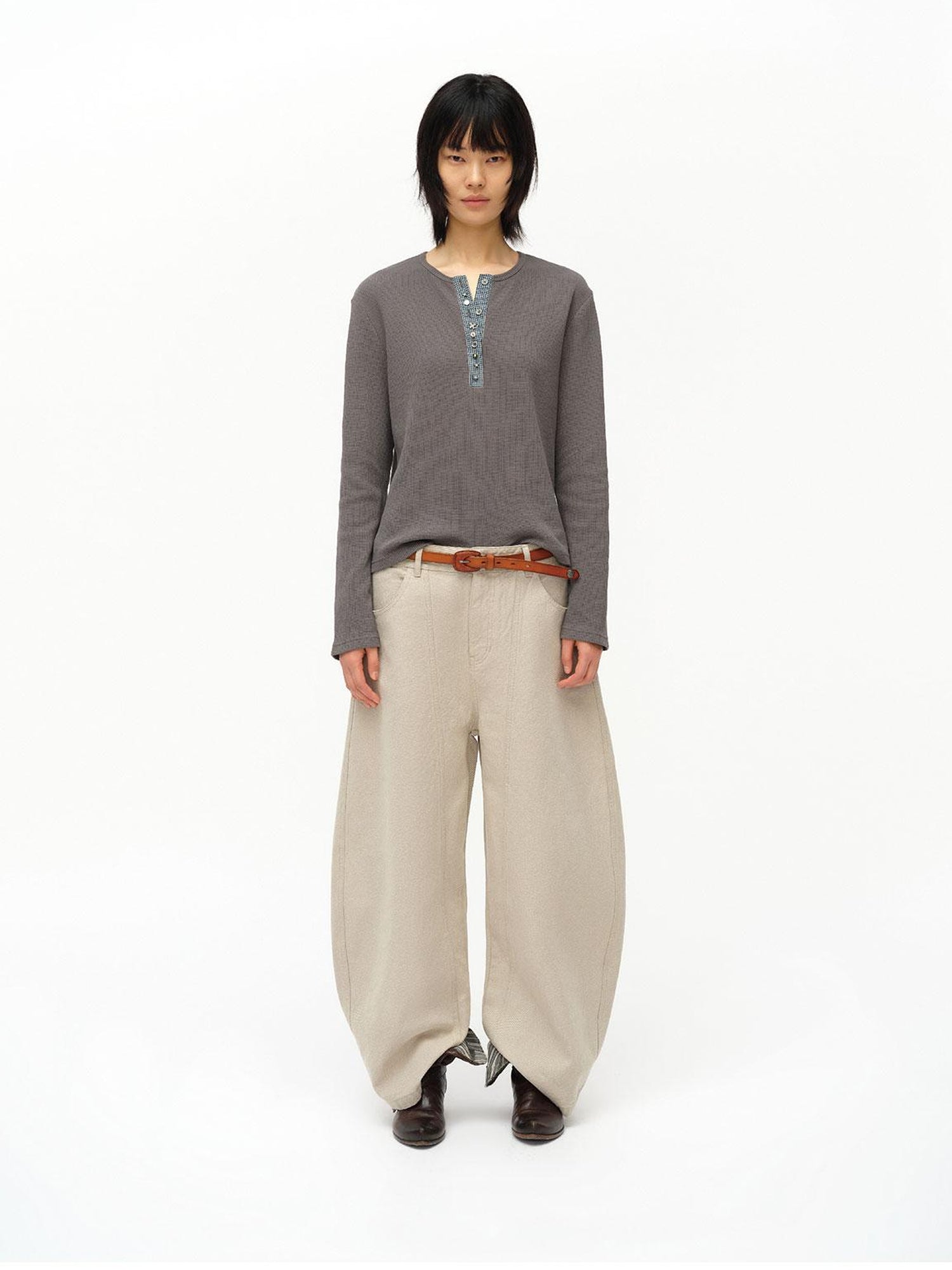 oinimi Henry Collar Waffle Long Sleeve Tee Slim Fit Basic Top