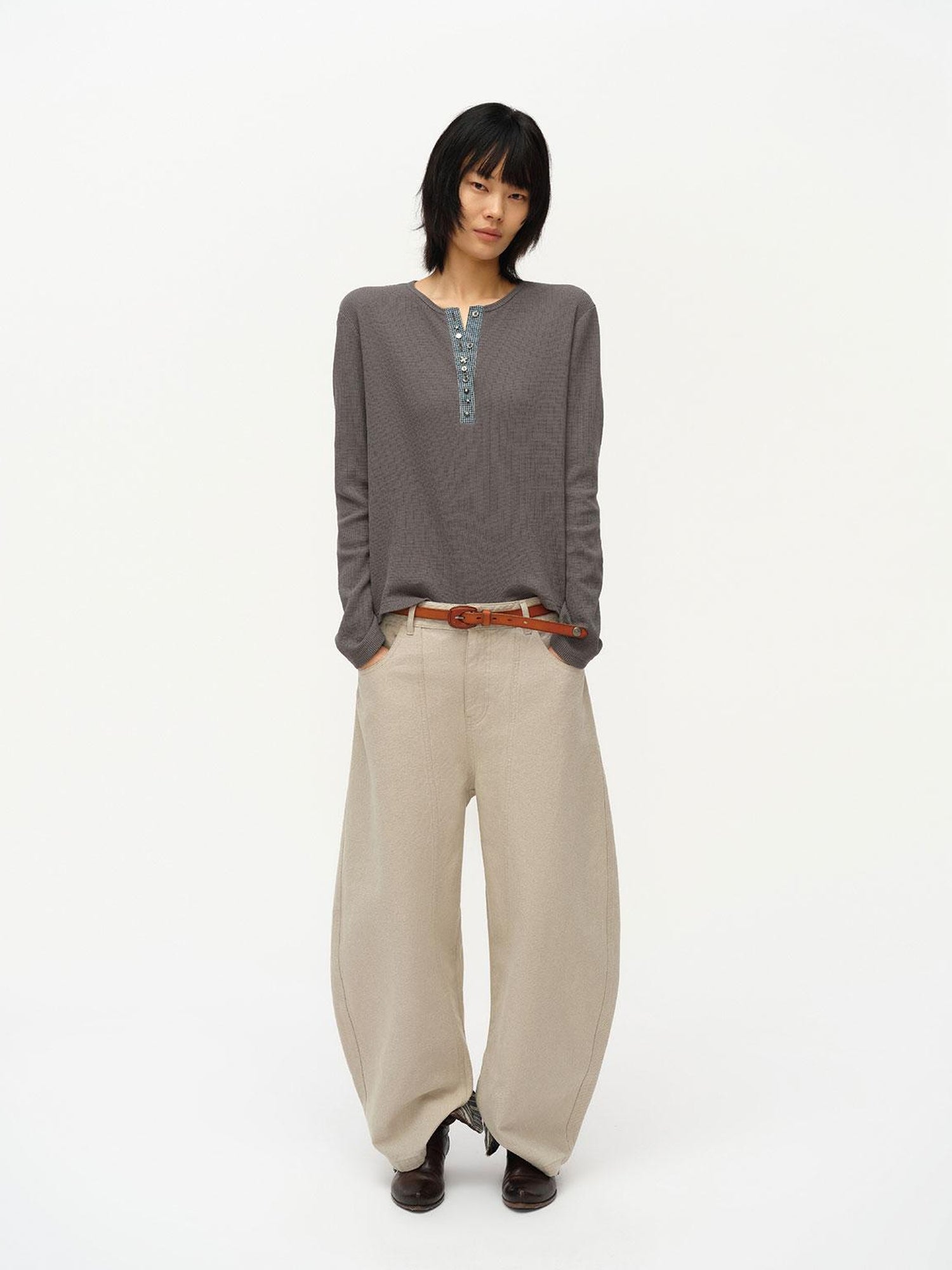 oinimi Henry Collar Waffle Long Sleeve Tee Slim Fit Basic Top