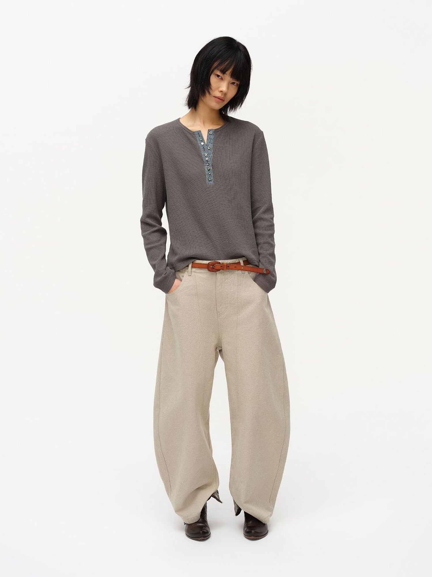 oinimi Henry Collar Waffle Long Sleeve Tee Slim Fit Basic Top