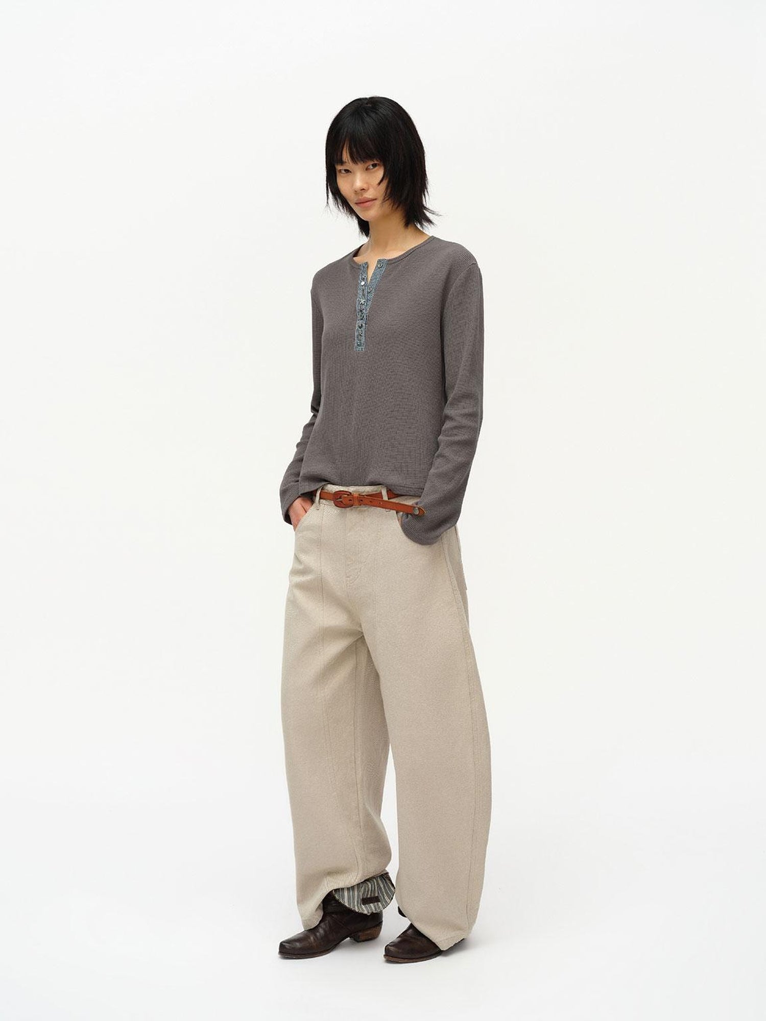 oinimi Henry Collar Waffle Long Sleeve Tee Slim Fit Basic Top
