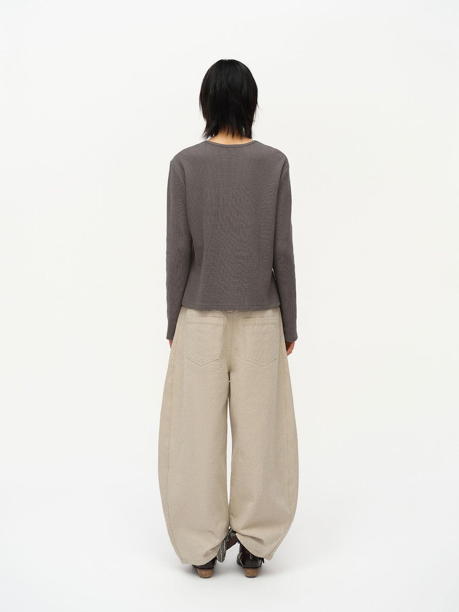 oinimi Henry Collar Waffle Long Sleeve Tee Slim Fit Basic Top