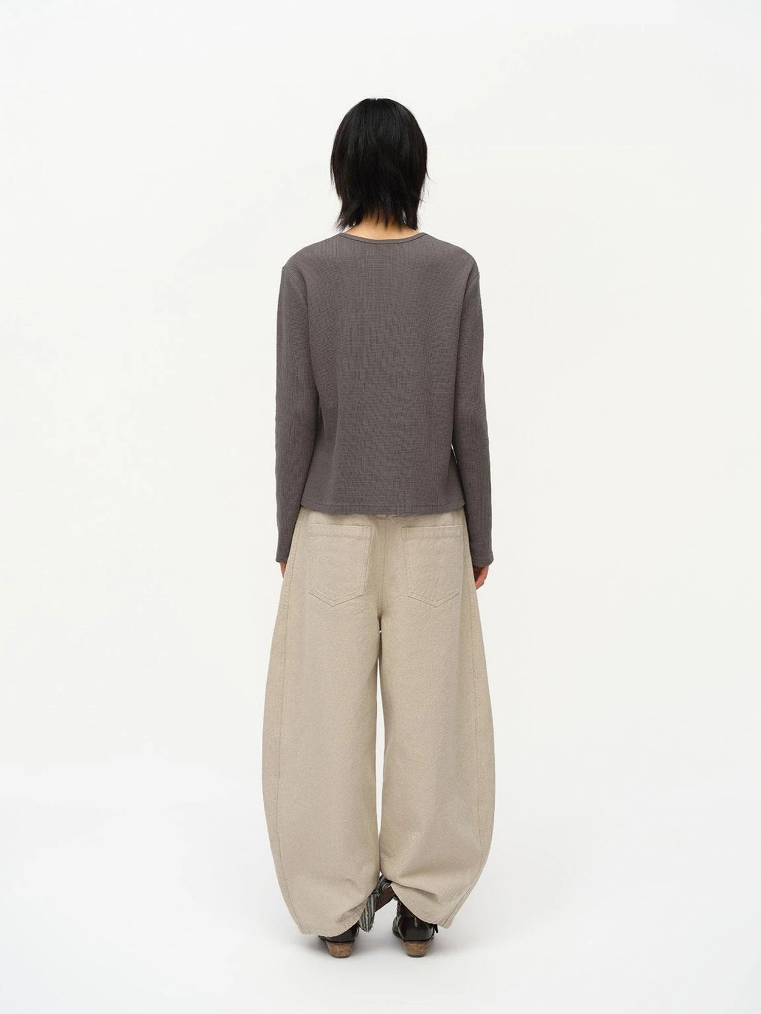 Henry Collar Waffle Long Sleeve Tee Slim Fit Basic Top