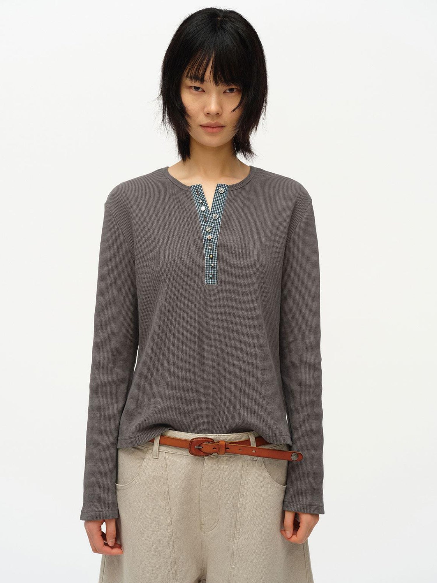 oinimi Henry Collar Waffle Long Sleeve Tee Slim Fit Basic Top