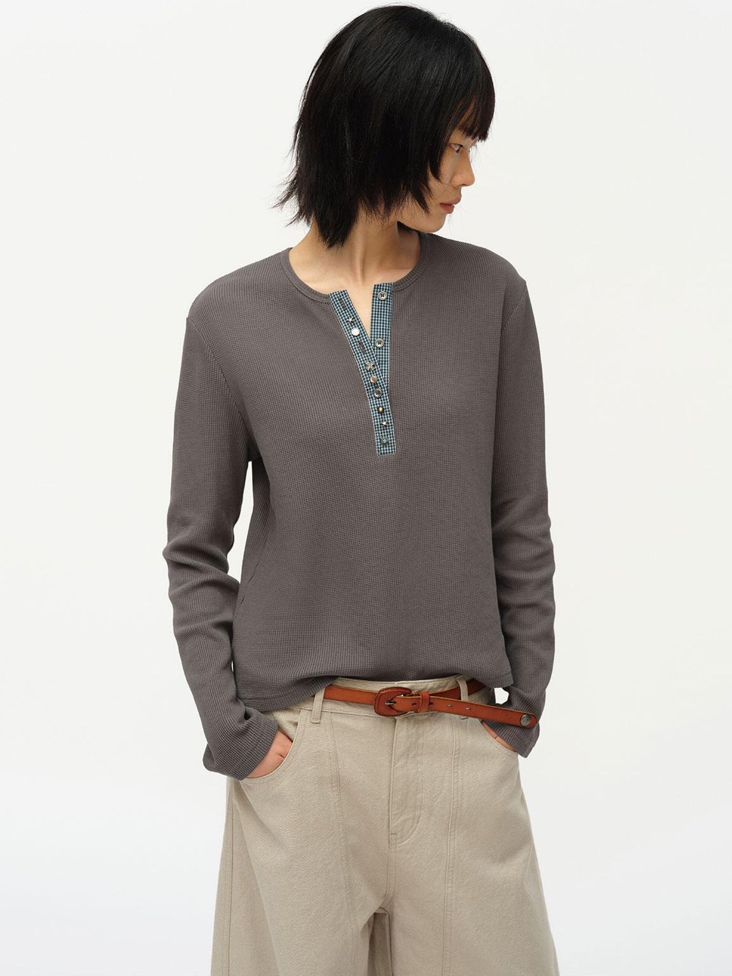 oinimi Henry Collar Waffle Long Sleeve Tee Slim Fit Basic Top