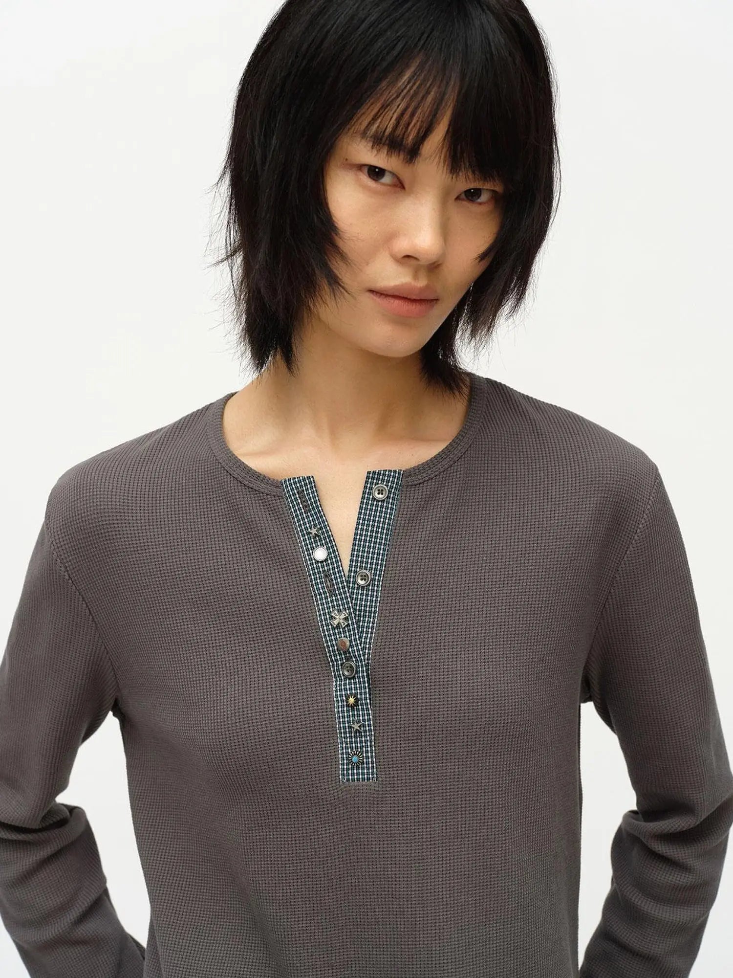 Henry Collar Waffle Long Sleeve Tee Slim Fit Basic Top