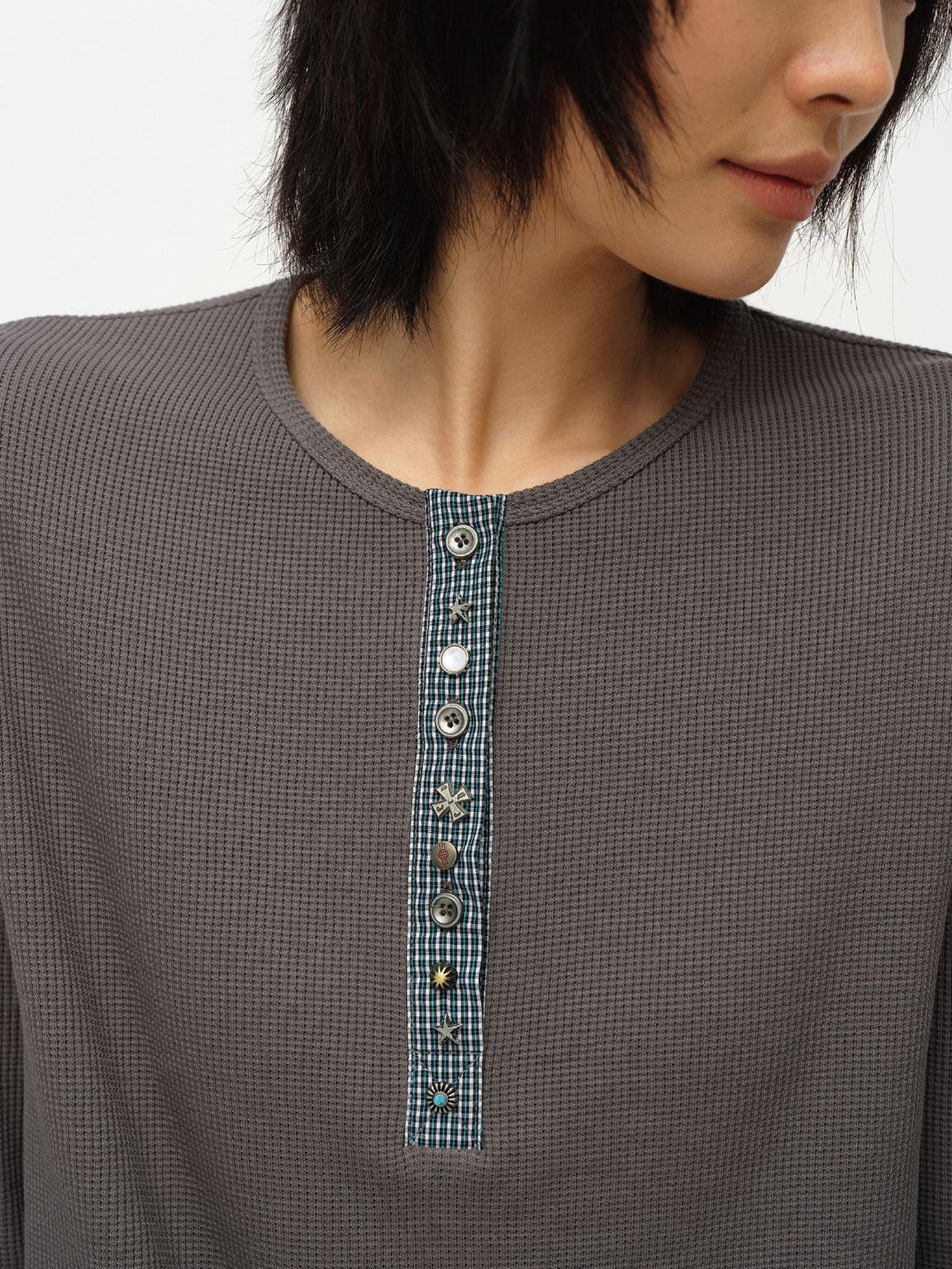 oinimi Henry Collar Waffle Long Sleeve Tee Slim Fit Basic Top