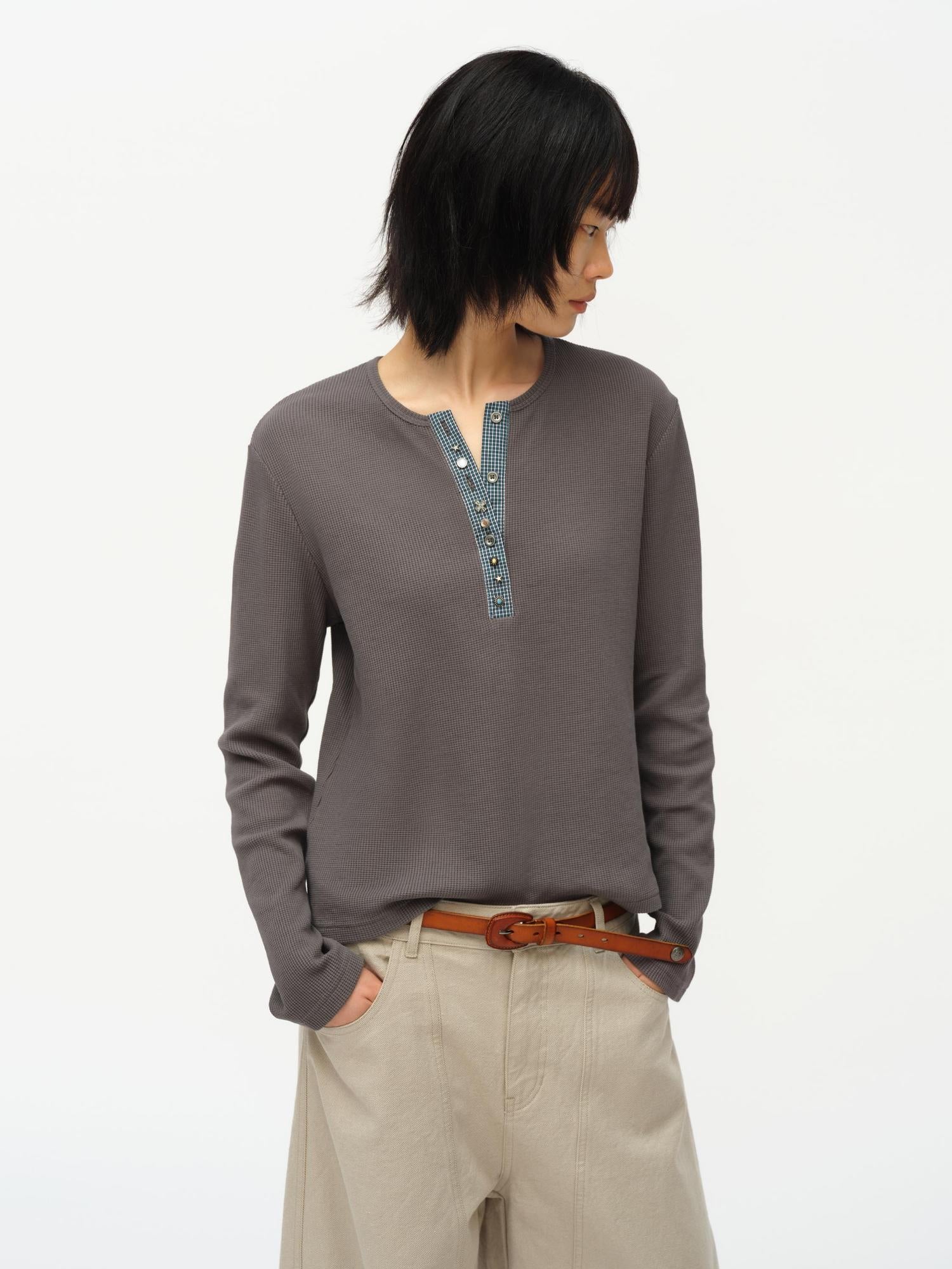 oinimi Henry Collar Waffle Long Sleeve Tee Slim Fit Basic Top