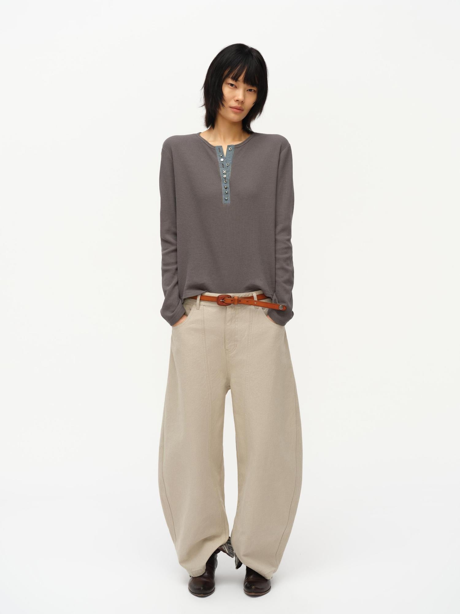oinimi Henry Collar Waffle Long Sleeve Tee Slim Fit Basic Top