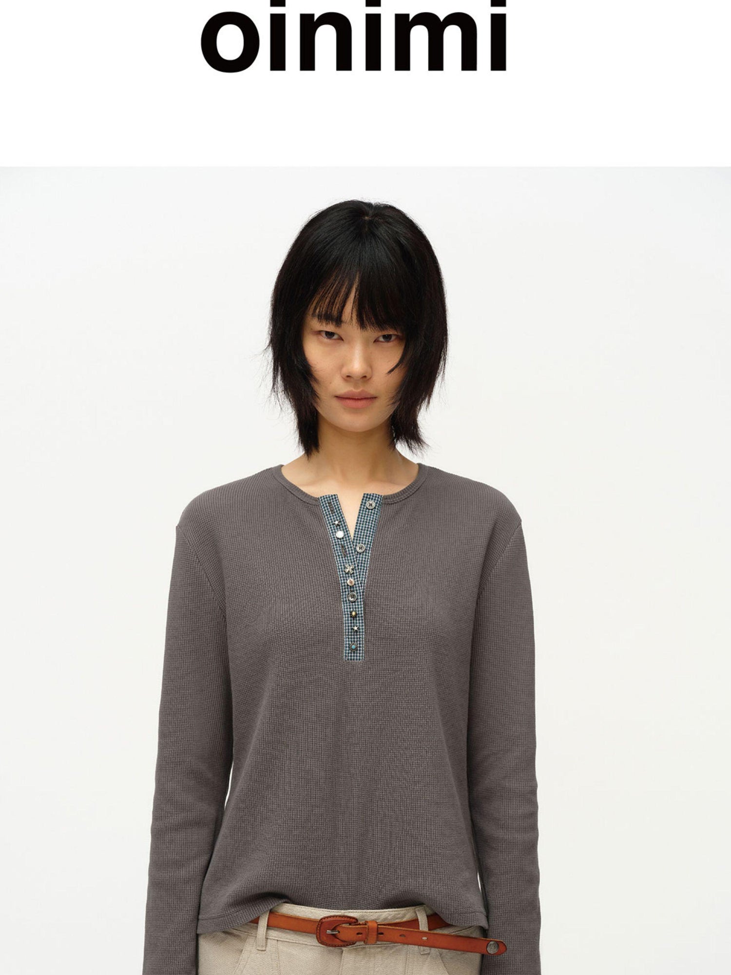 oinimi Henry Collar Waffle Long Sleeve Tee Slim Fit Basic Top