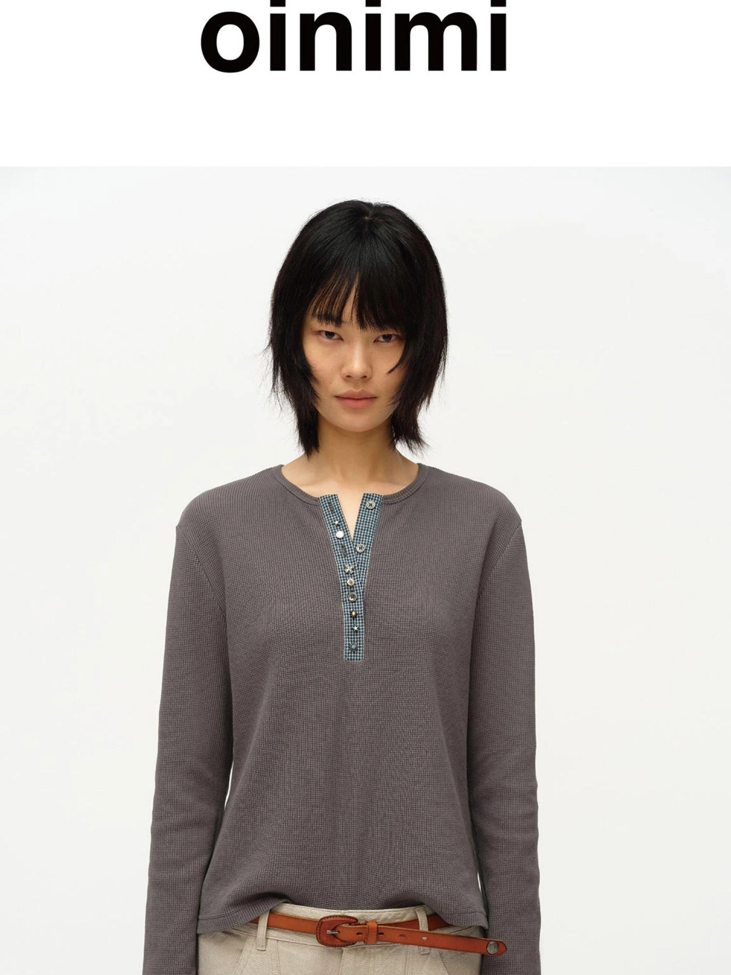 Henry Collar Waffle Long Sleeve Tee Slim Fit Basic Top