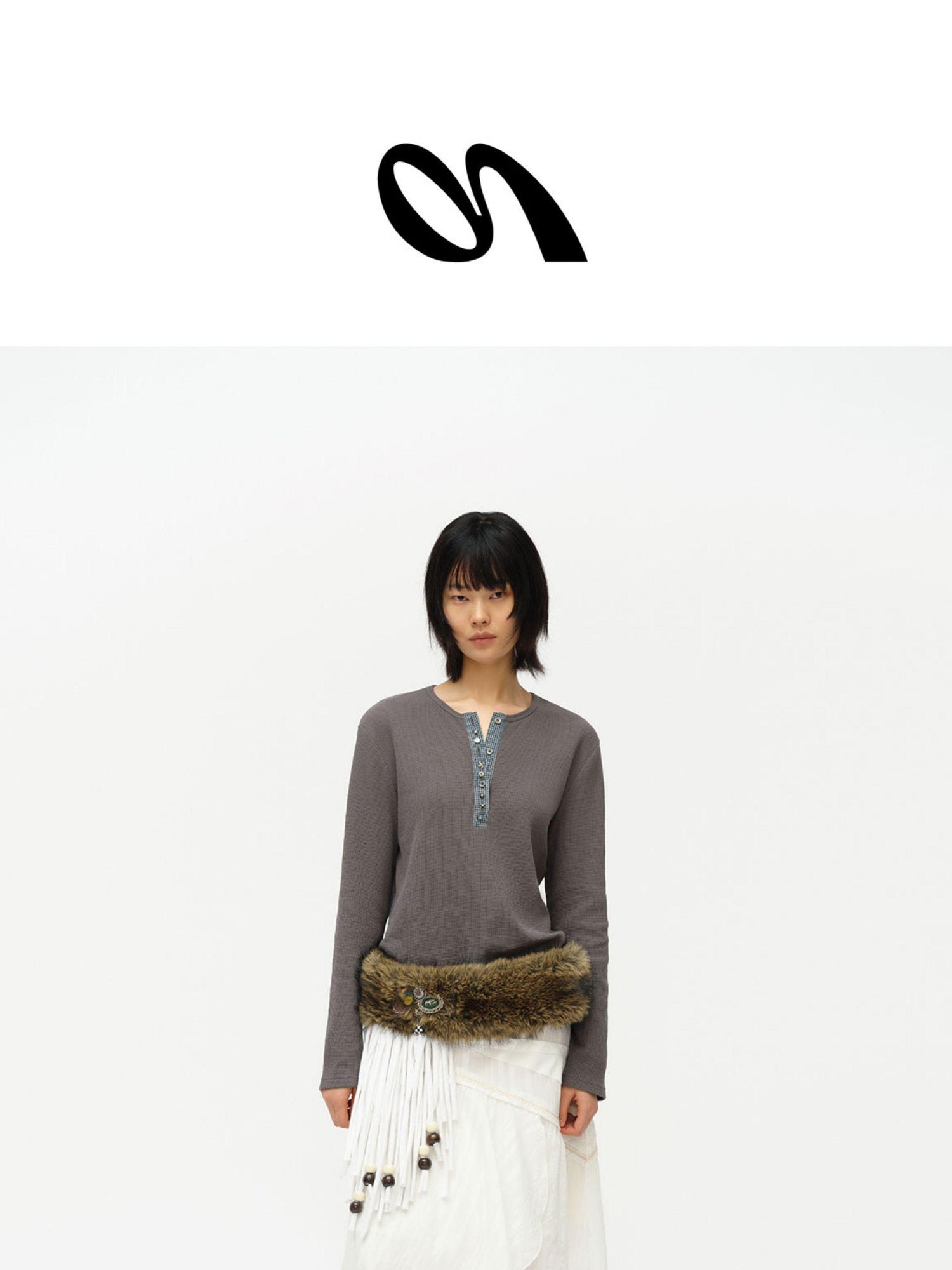 oinimi Henry Collar Waffle Long Sleeve Tee Slim Fit Basic Top