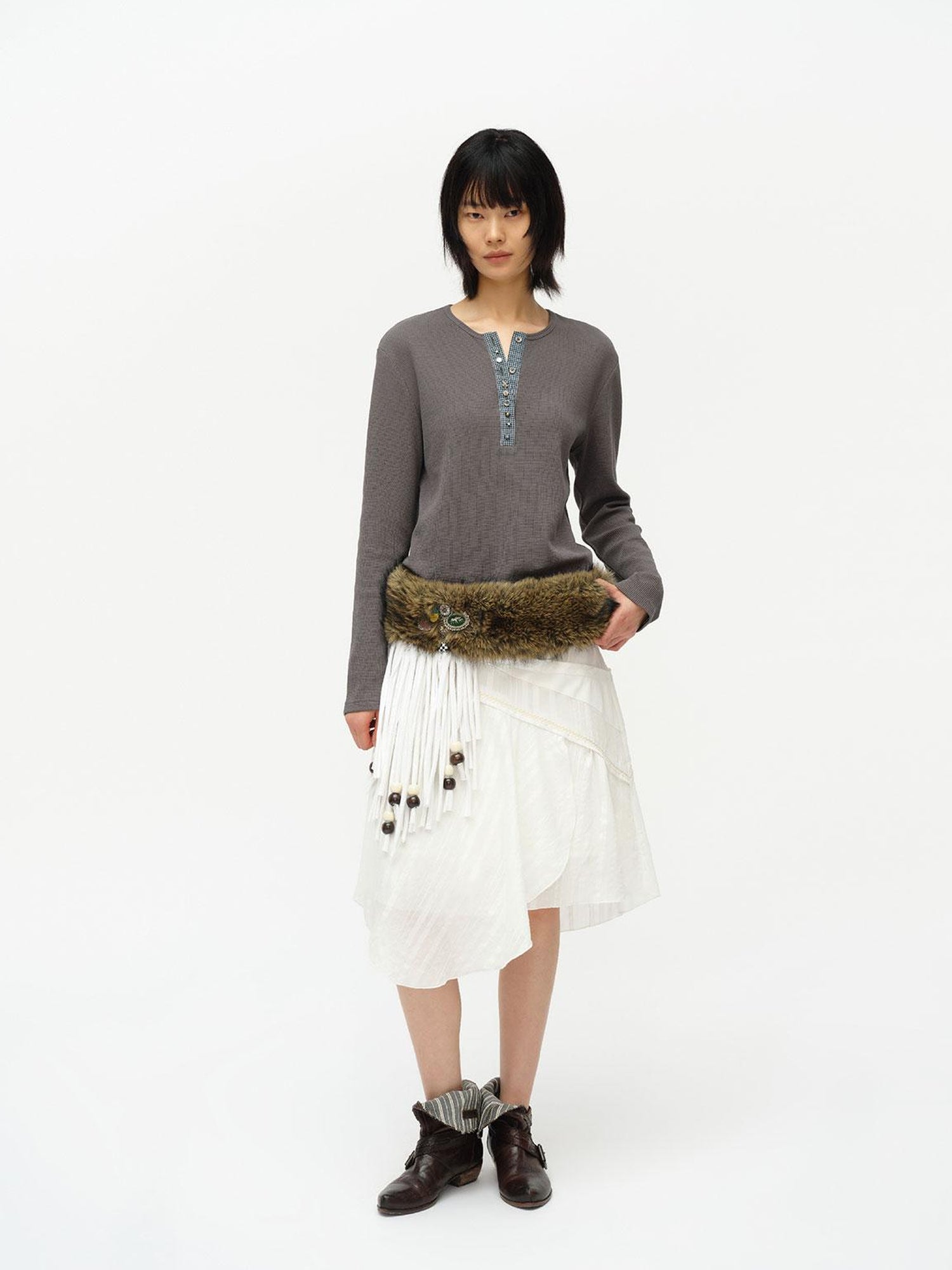 oinimi Henry Collar Waffle Long Sleeve Tee Slim Fit Basic Top