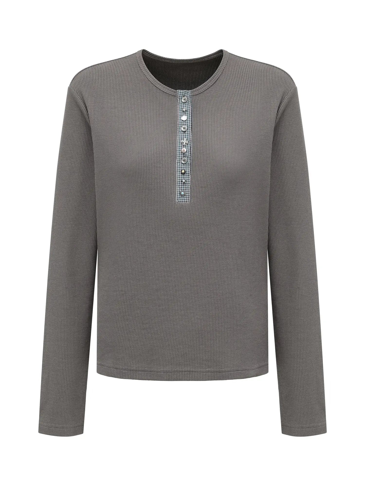 Henry Collar Waffle Long Sleeve Tee Slim Fit Basic Top