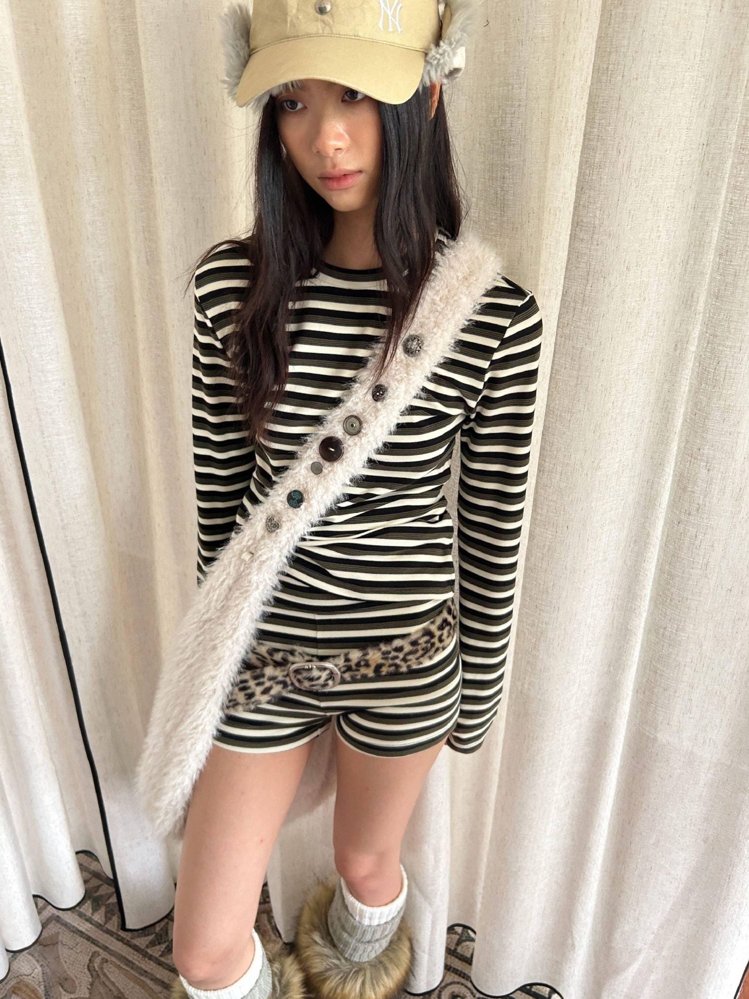 oinimi High Waist Slim Fit Office Commuter Striped Rayon Cotton Women Tea Green Shorts