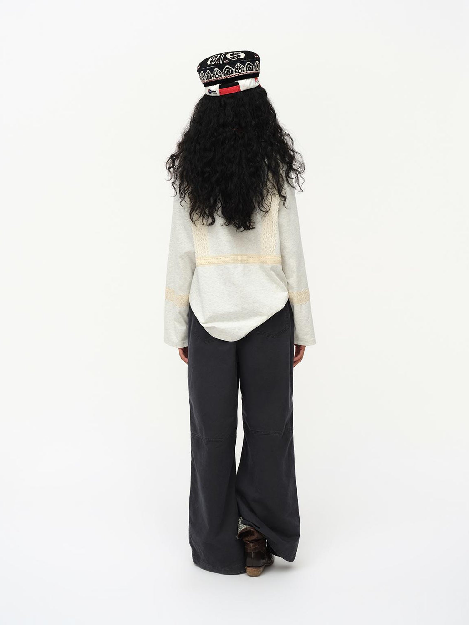 oinimi Lace Applique Graphic Sailor V-Neck T-Shirt Long-Sleeve