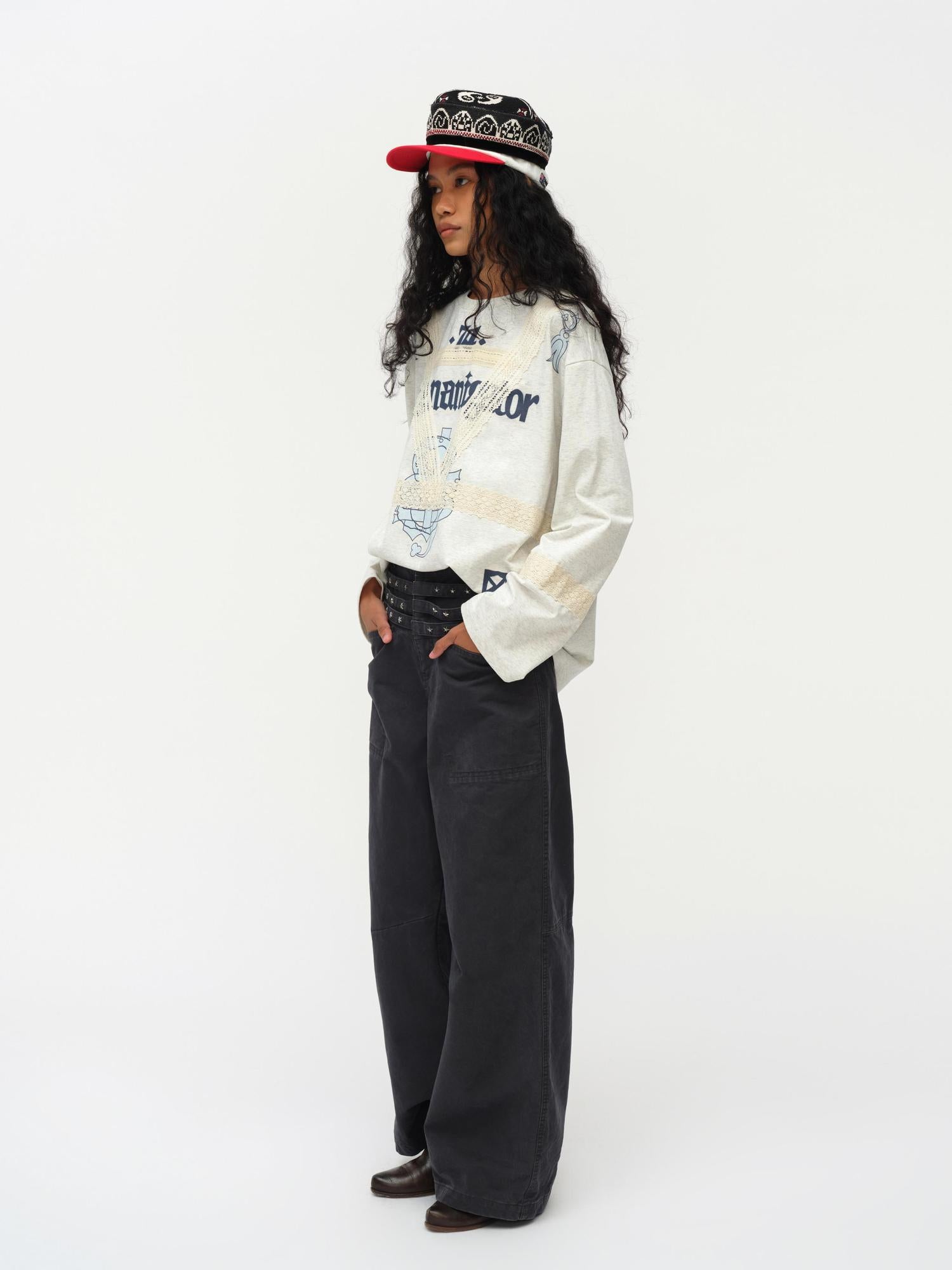 oinimi Lace Applique Graphic Sailor V-Neck T-Shirt Long-Sleeve