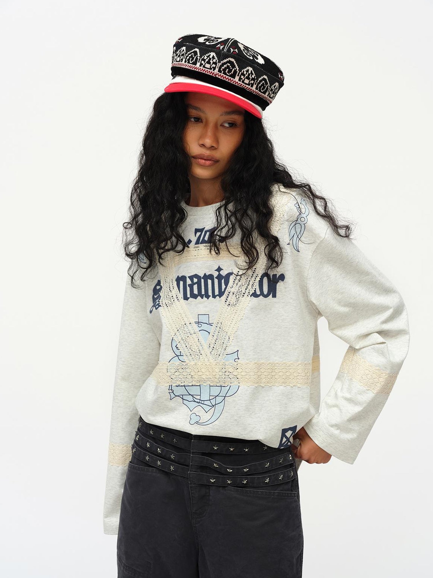 oinimi Lace Applique Graphic Sailor V-Neck T-Shirt Long-Sleeve