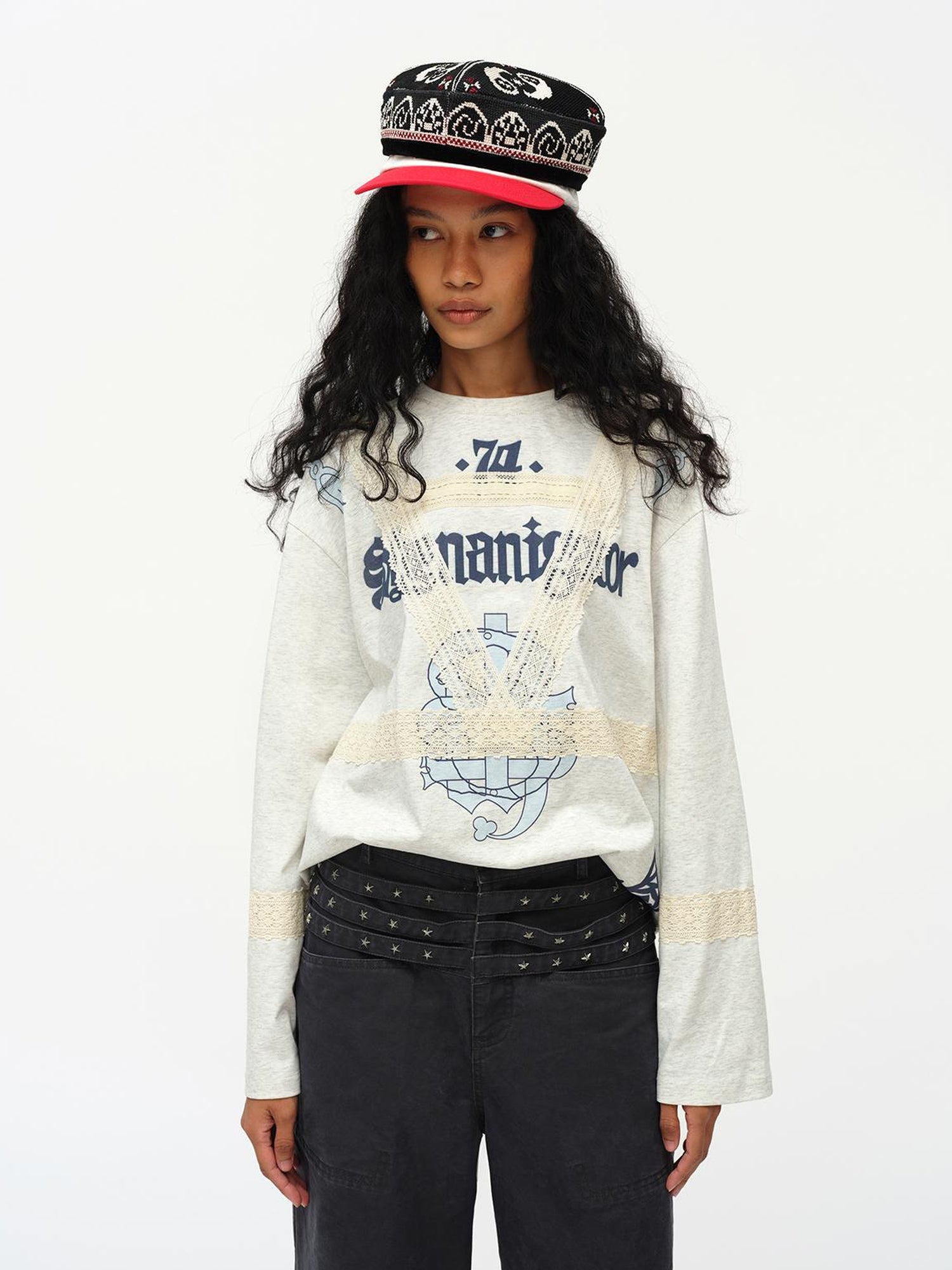 oinimi Lace Applique Graphic Sailor V-Neck T-Shirt Long-Sleeve