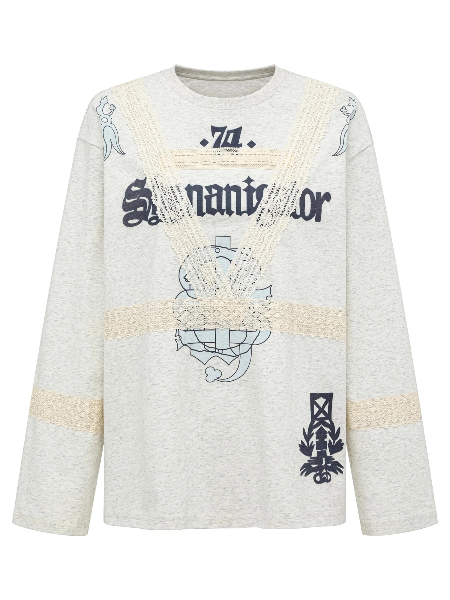 Lace Applique Graphic Sailor V-Neck T-Shirt Long-Sleeve