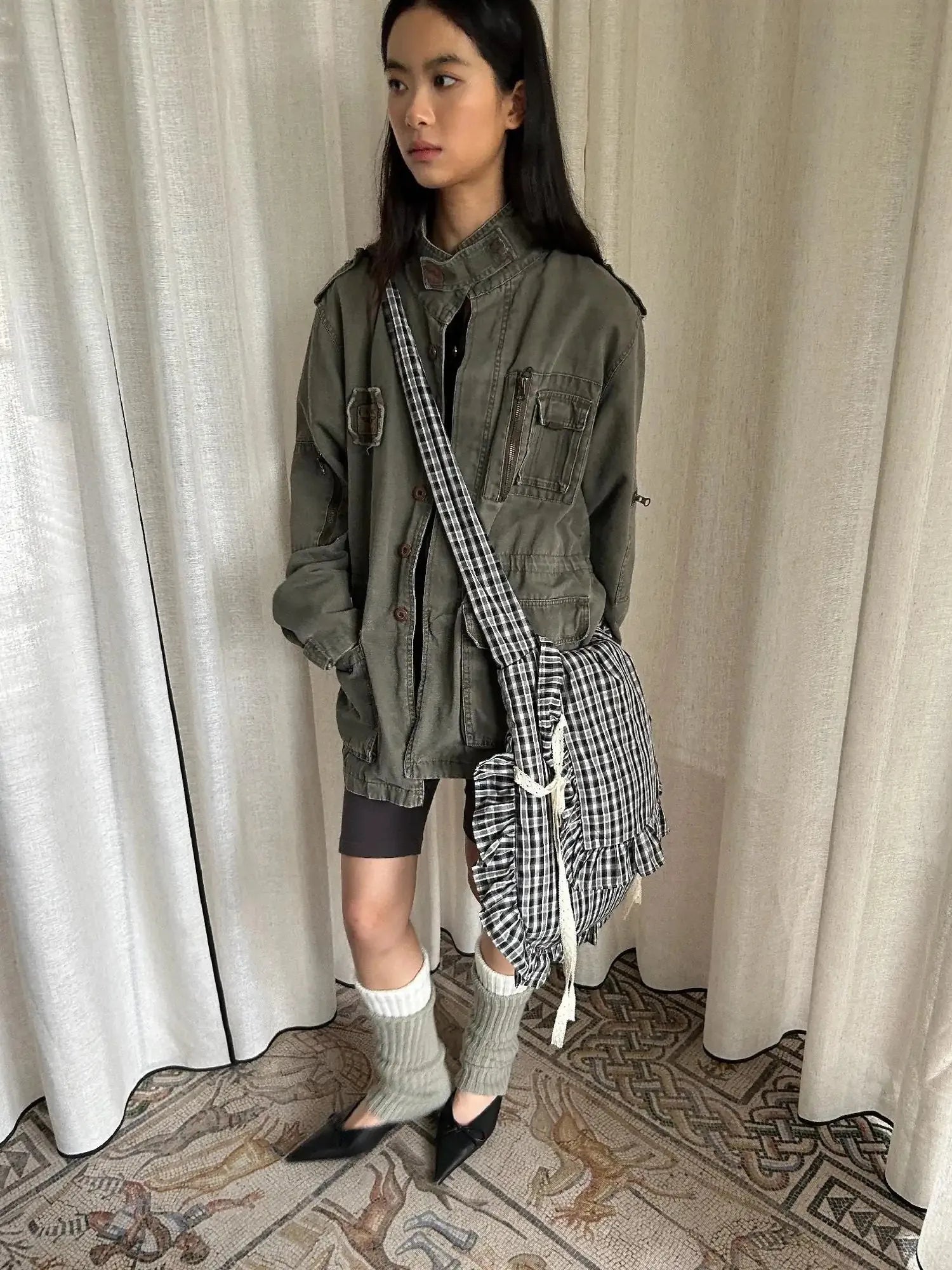 Lace Knotted Checkered Pillow Bag With Fluffy Cotton Ruffle Strap