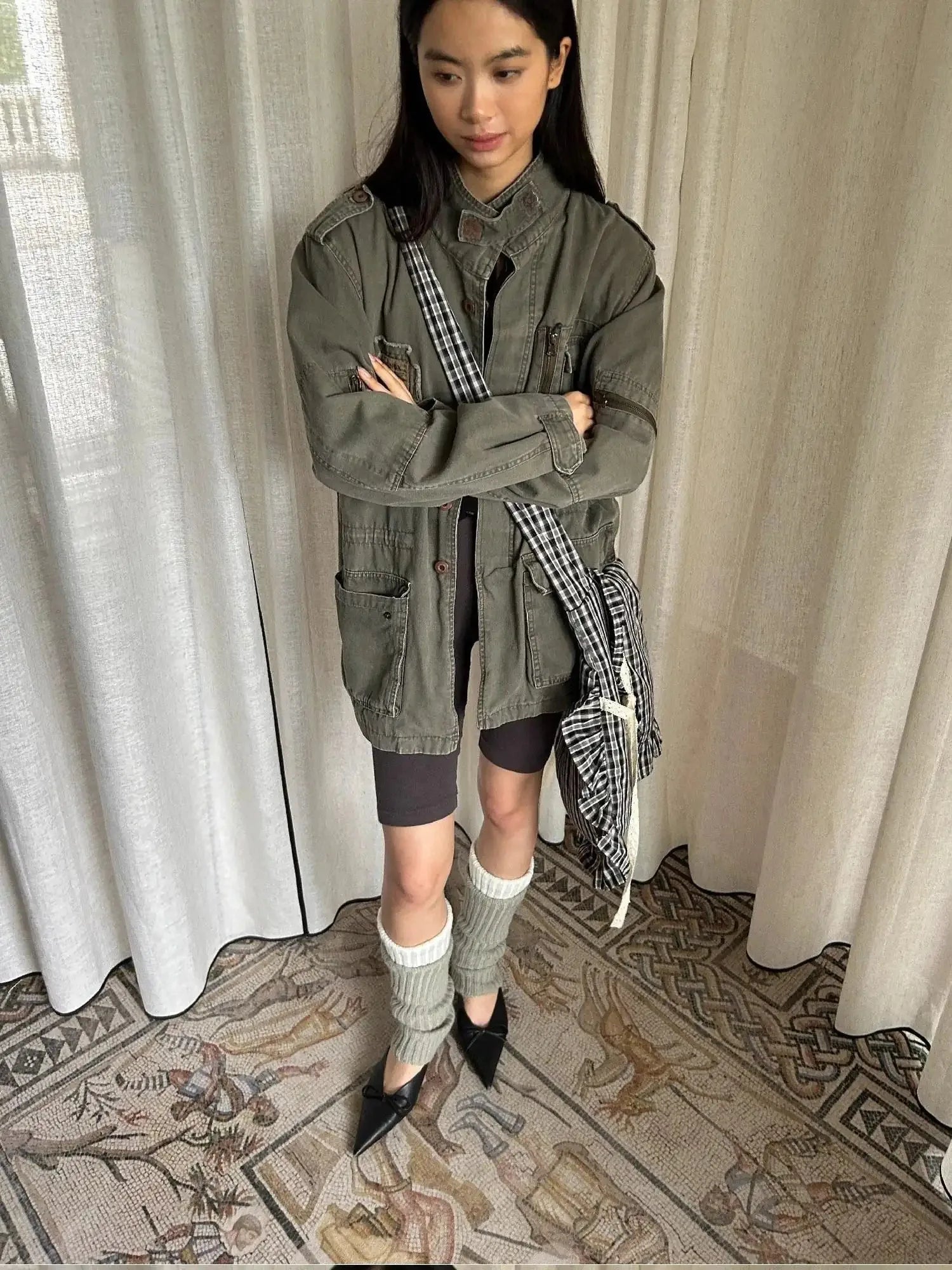 Lace Knotted Checkered Pillow Bag With Fluffy Cotton Ruffle Strap